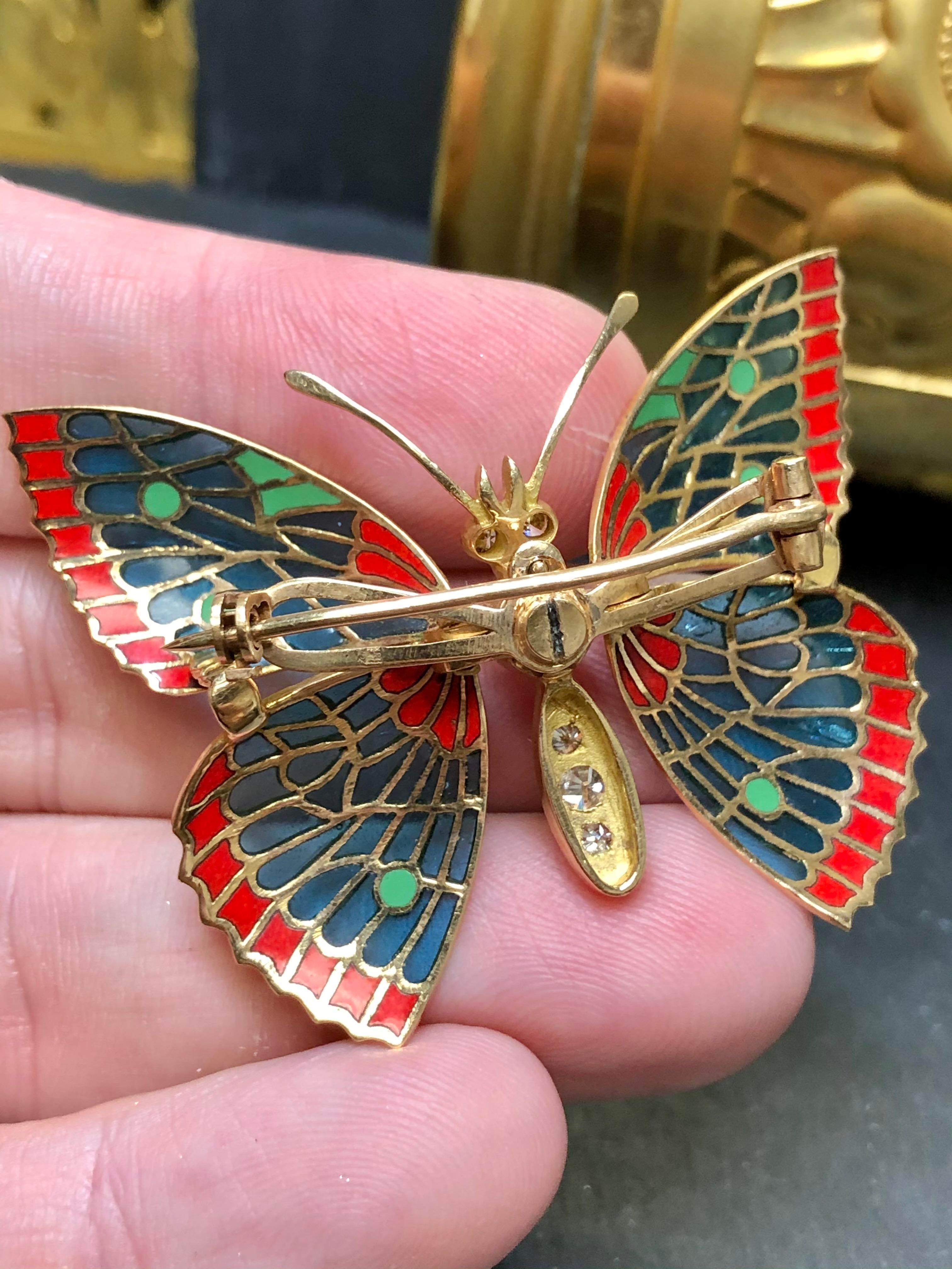Round Cut Vintage 18k Diamond En Tremblant Plique a Jour Enamel Butterfly Brooch For Sale