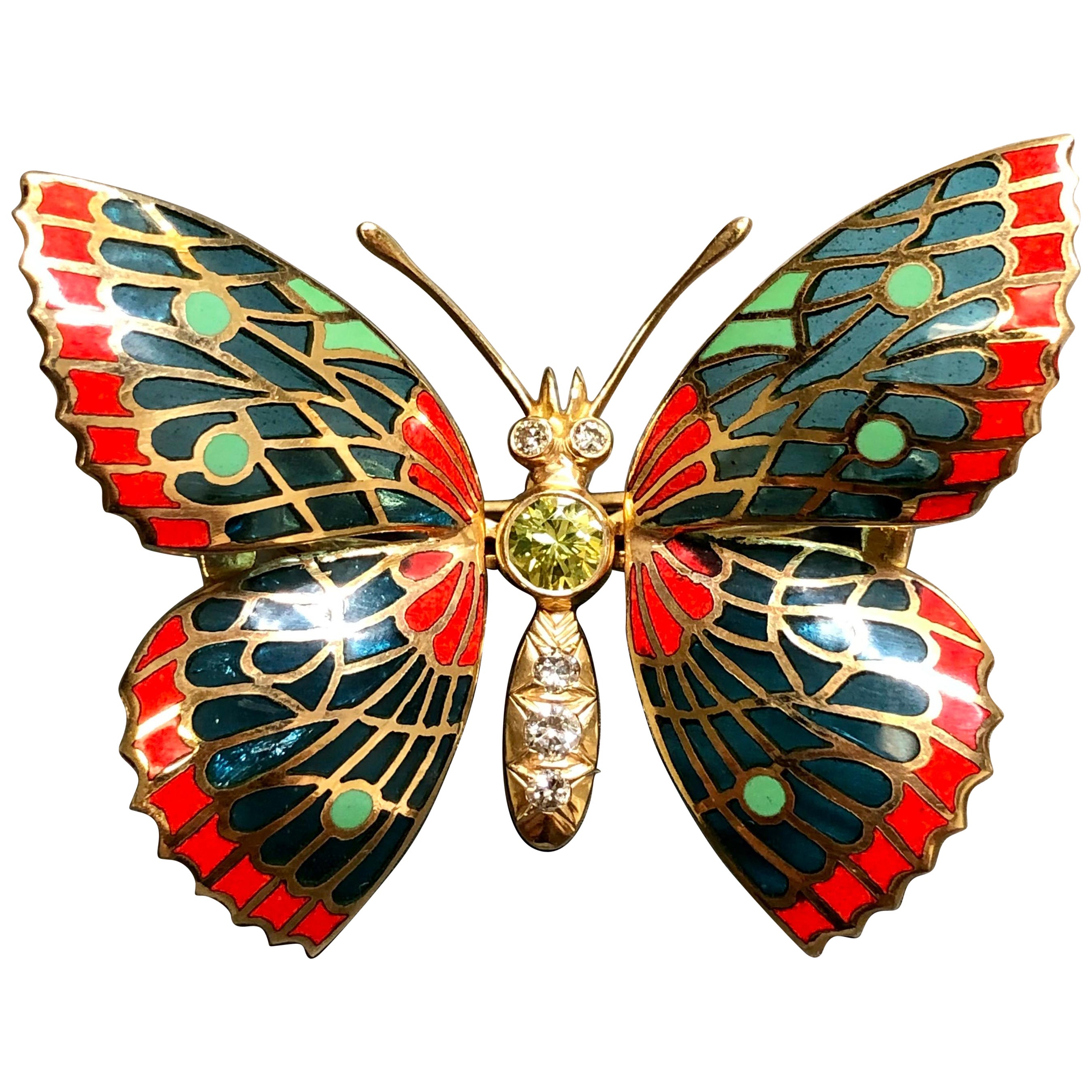 Vintage 18k Diamond En Tremblant Plique a Jour Enamel Butterfly Spilla