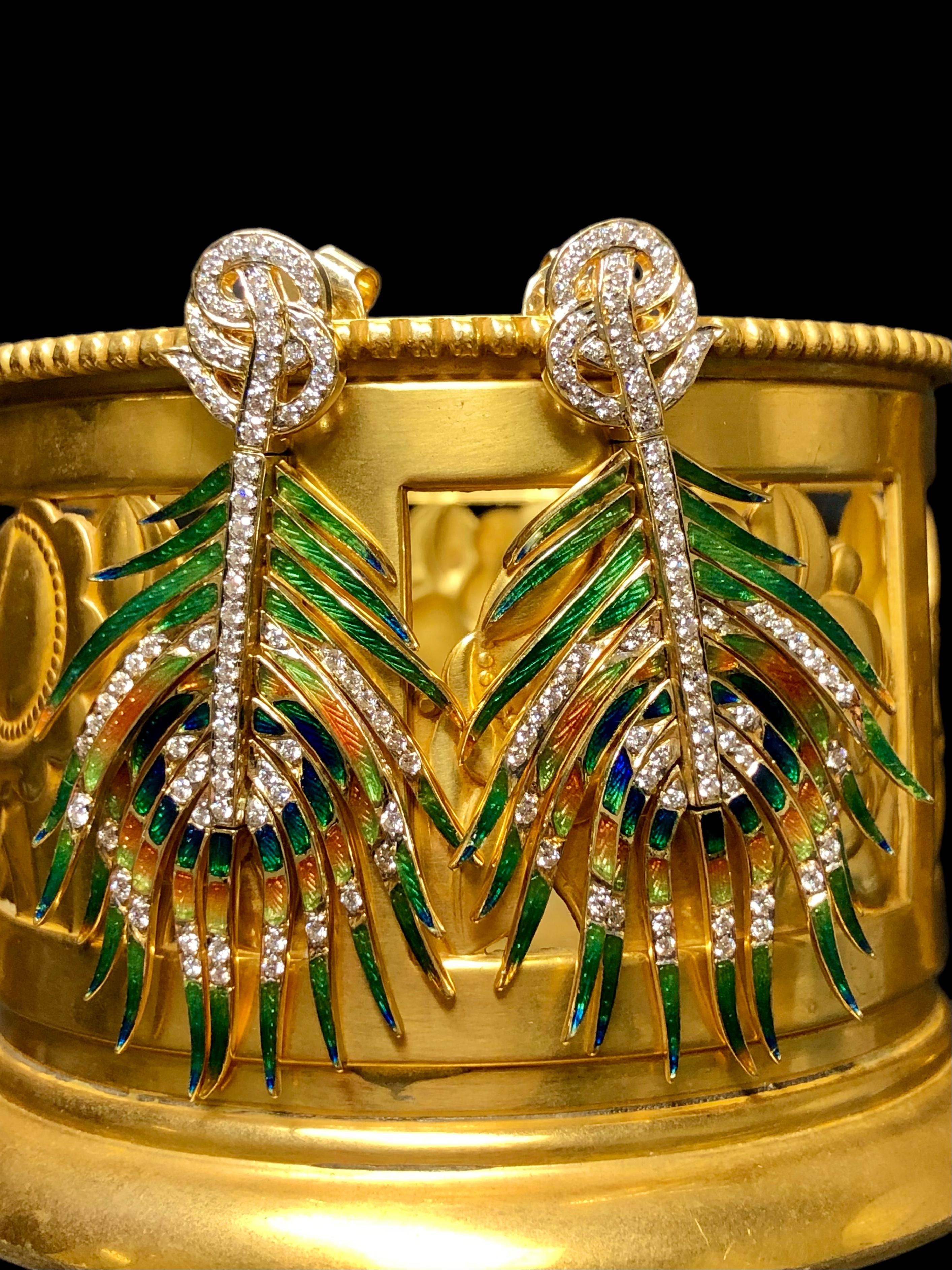 Contemporary Vintage 18K Diamond Enamel Articulating Peacock Feather Drop Earrings For Sale