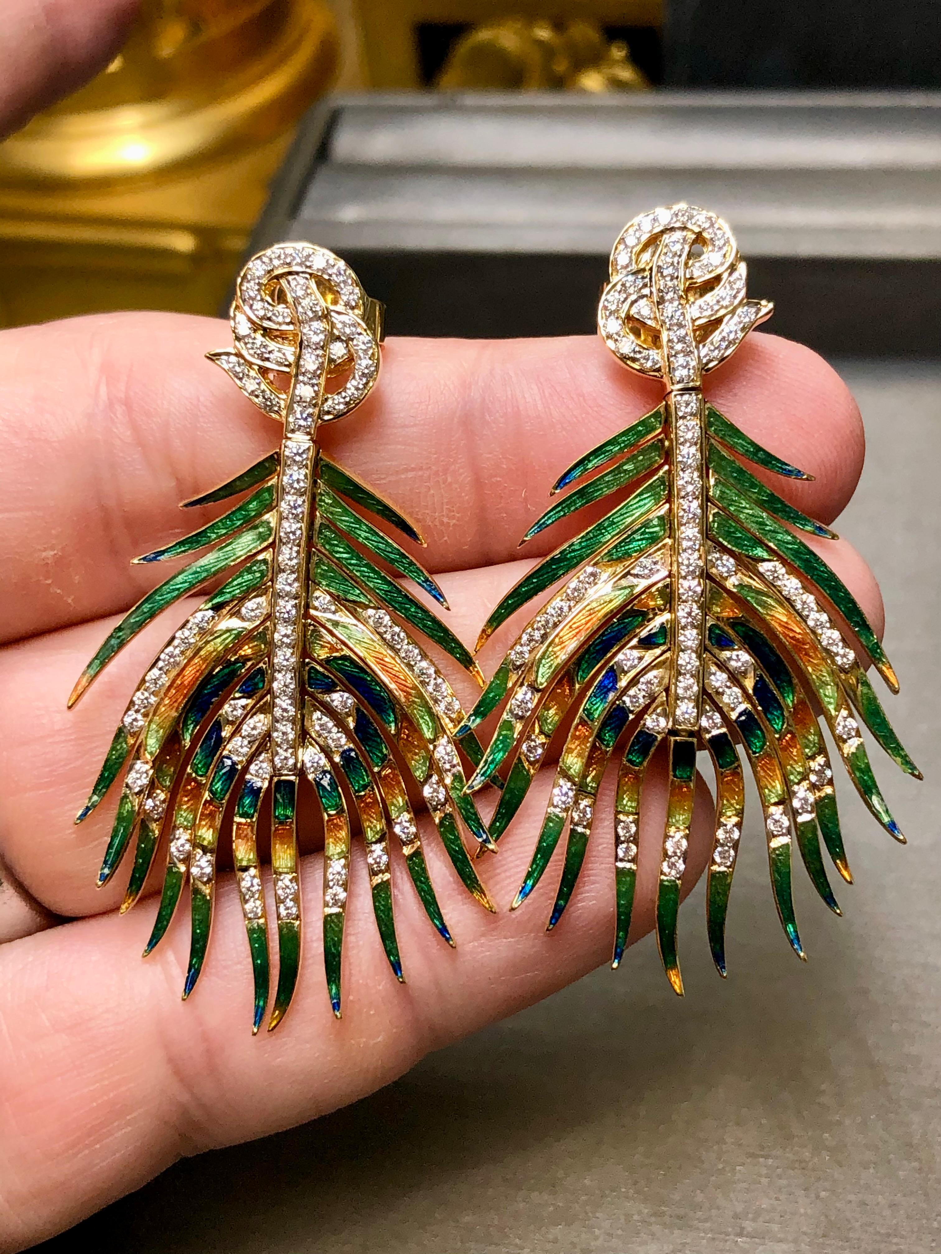 Women's or Men's Vintage 18K Diamond Enamel Articulating Peacock Feather Drop Earrings For Sale