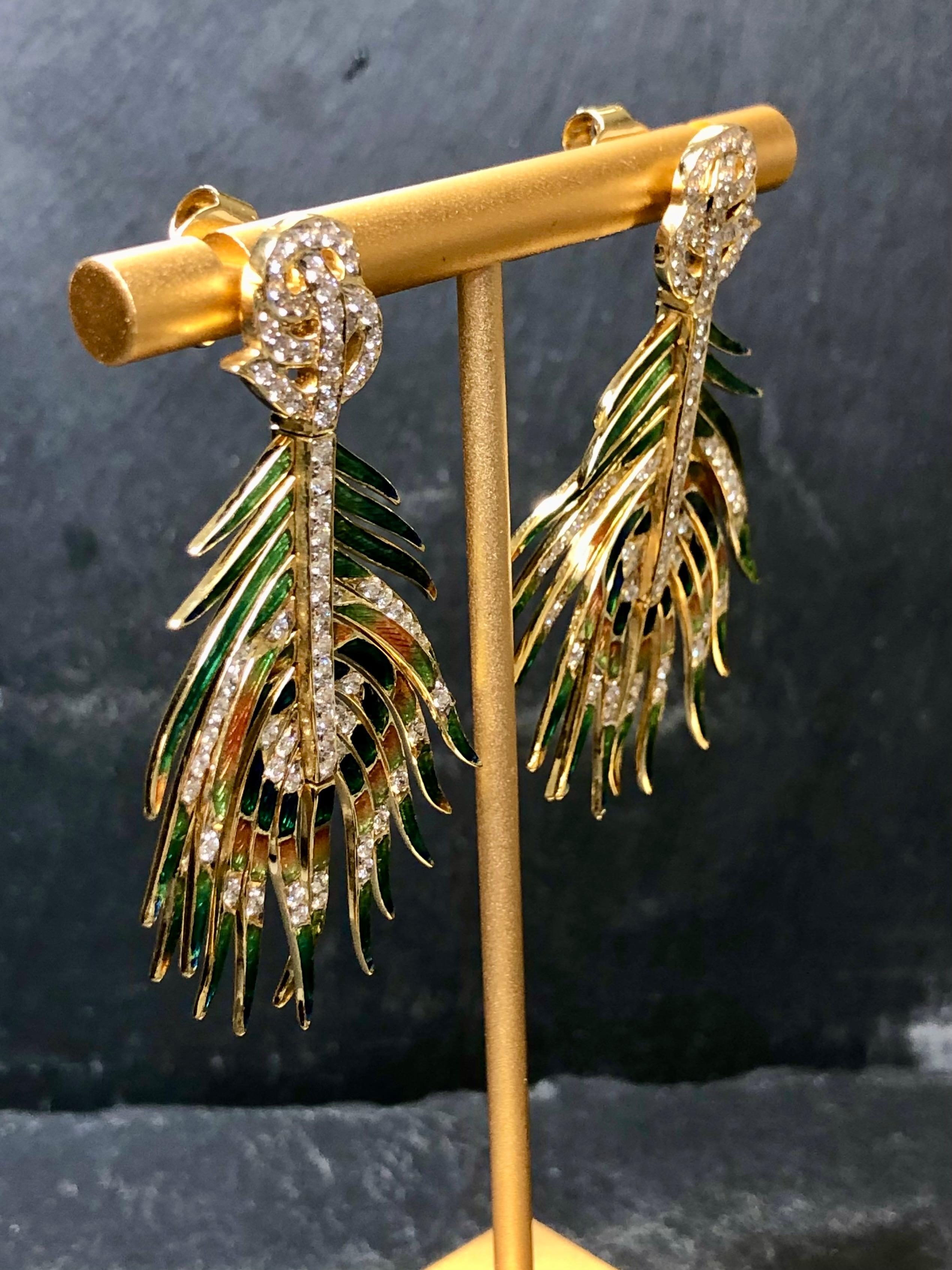 Vintage 18K Diamond Enamel Articulating Peacock Feather Drop Earrings For Sale 1