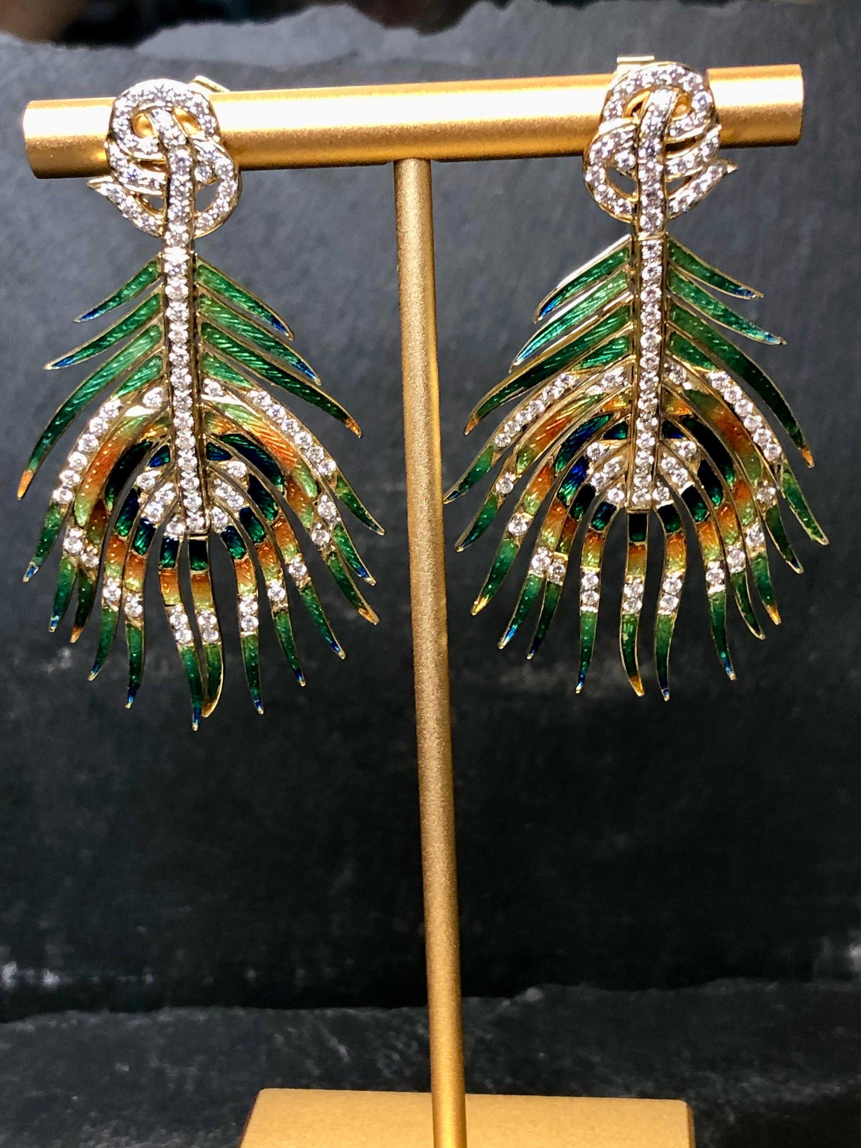 Vintage 18K Diamond Enamel Articulating Peacock Feather Drop Earrings For Sale 2