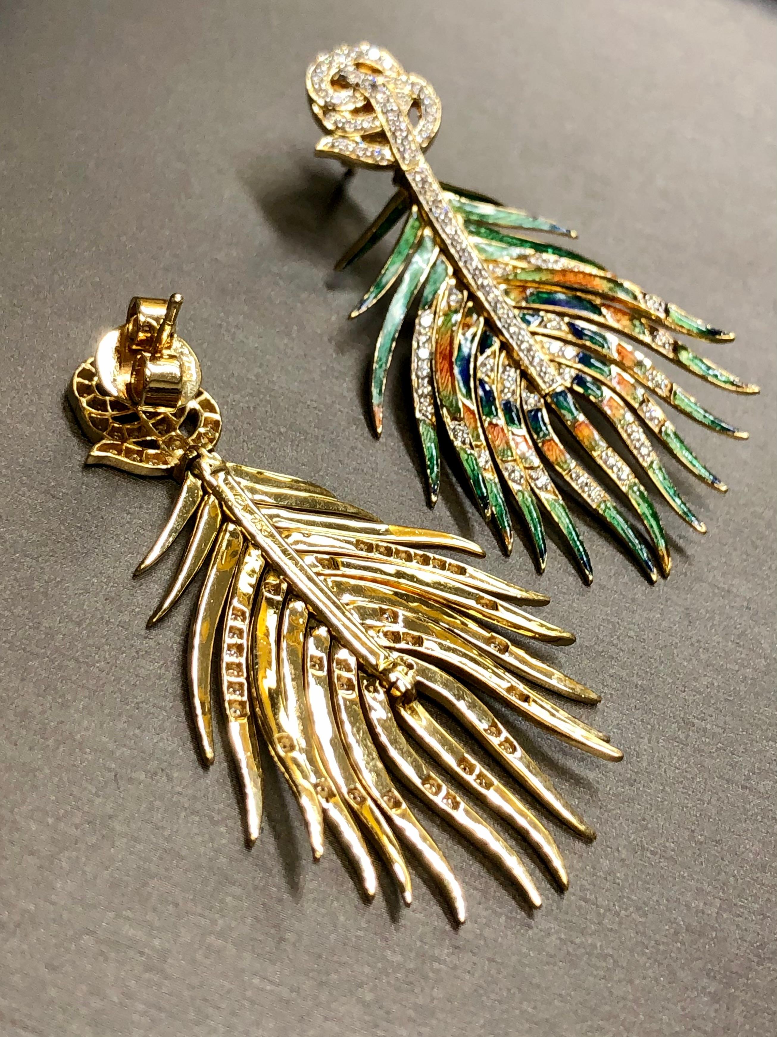 Vintage 18K Diamond Enamel Articulating Peacock Feather Drop Earrings For Sale 3