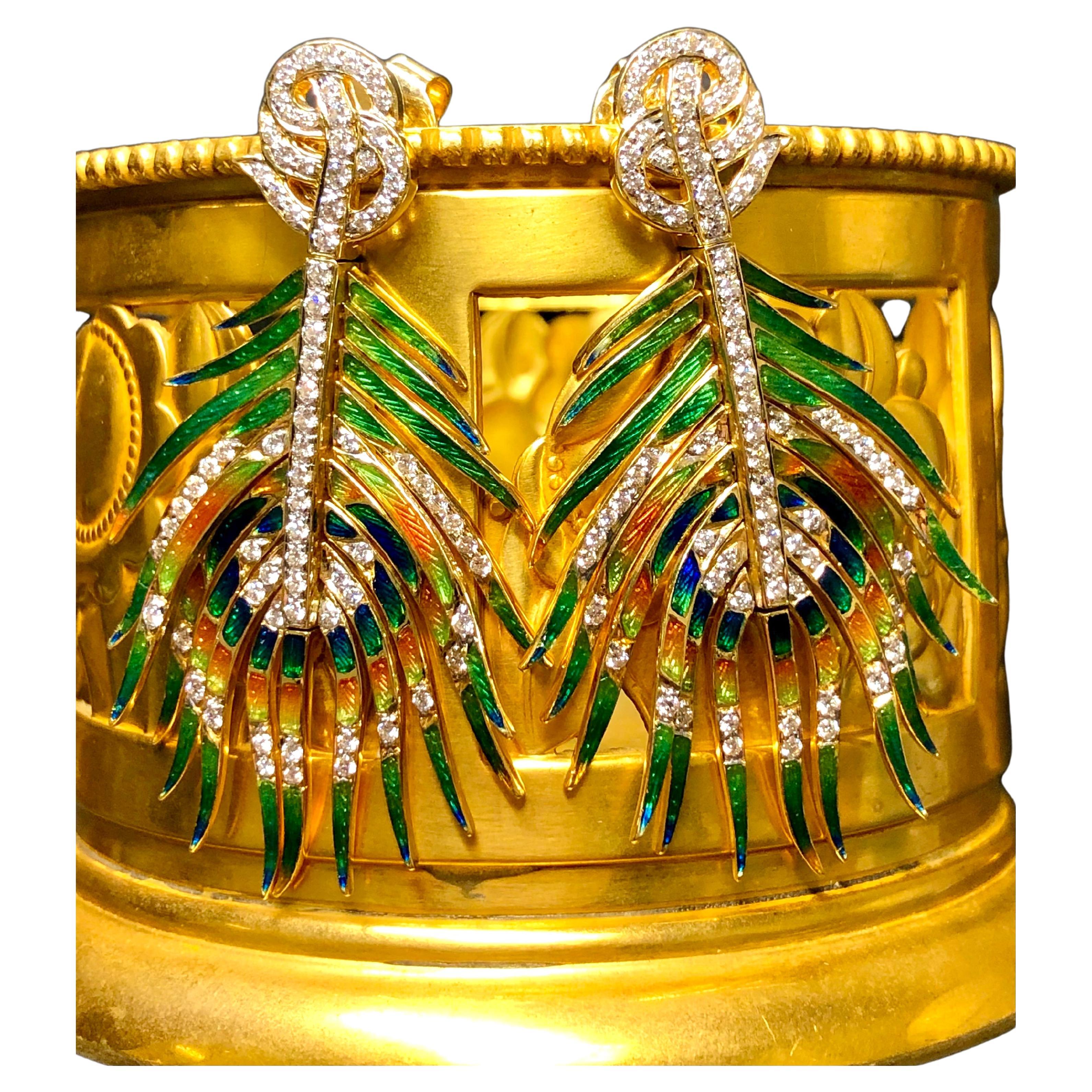 Vintage 18K Diamond Enamel Articulating Peacock Feather Drop Earrings For Sale