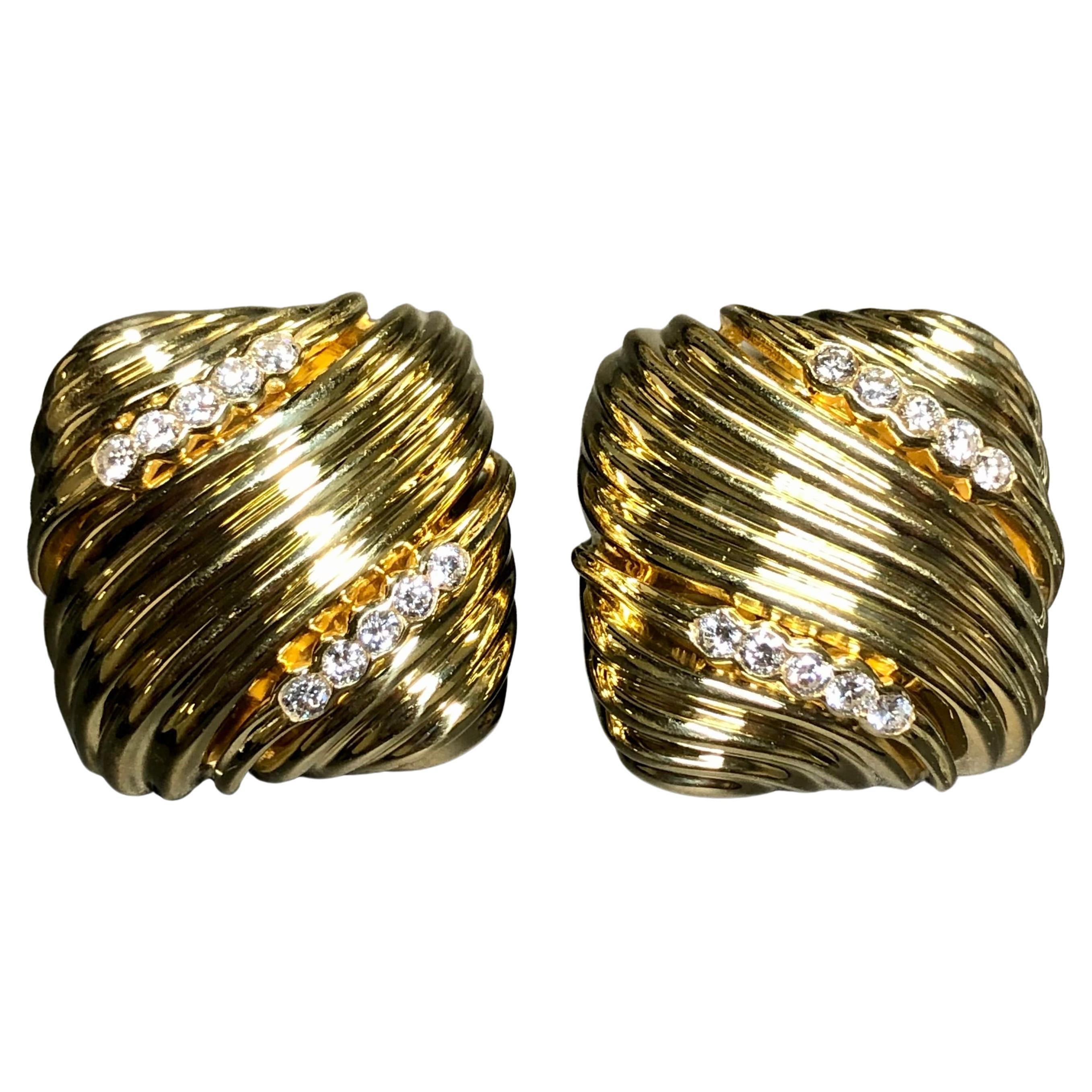 Vintage 18K Diamond FRENCH Square Cushion Wave Huggie Earrings Omega Backs