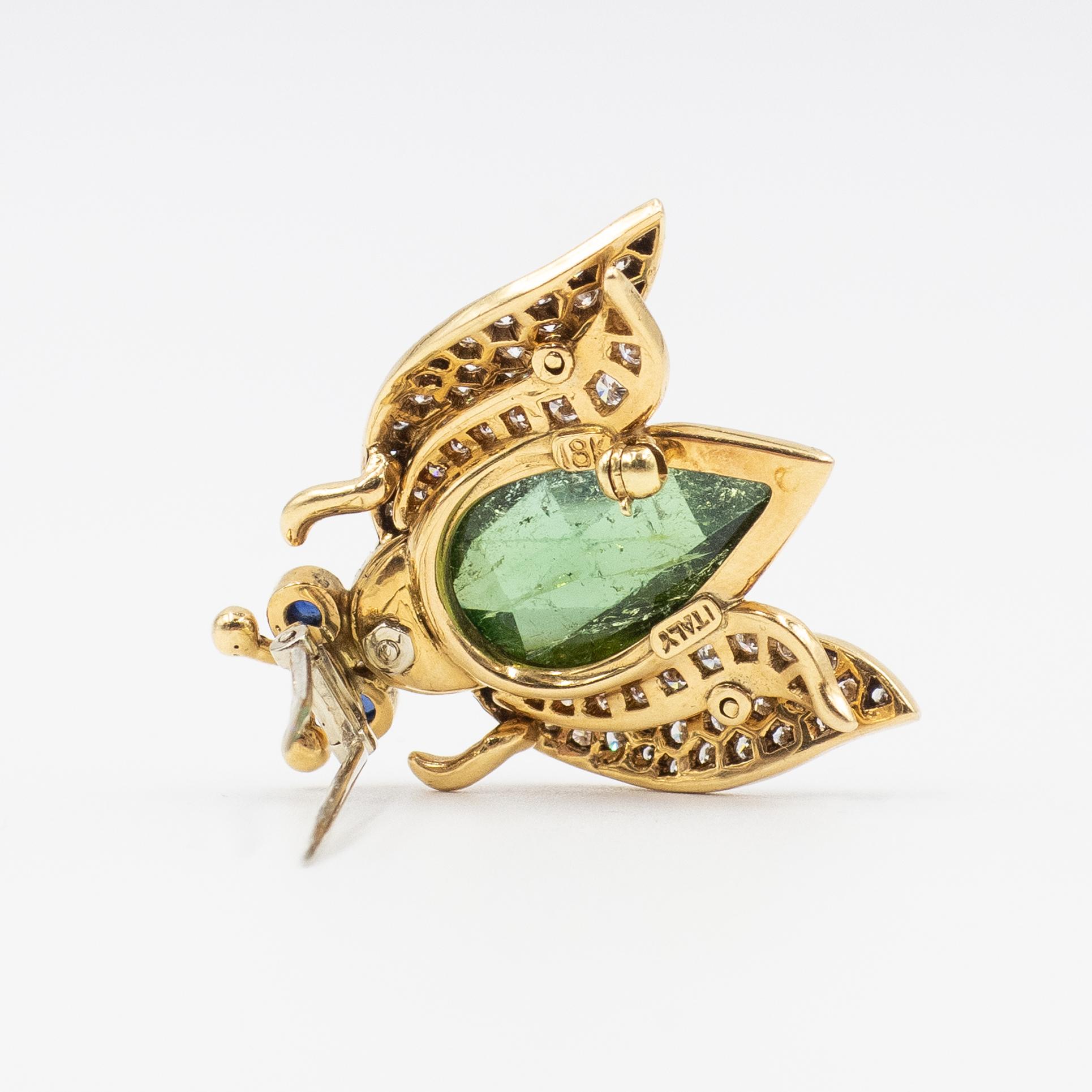 Vintage 18K Diamond Green Tourmaline Sapphire Beetle Fur Clip Brooch For Sale 4