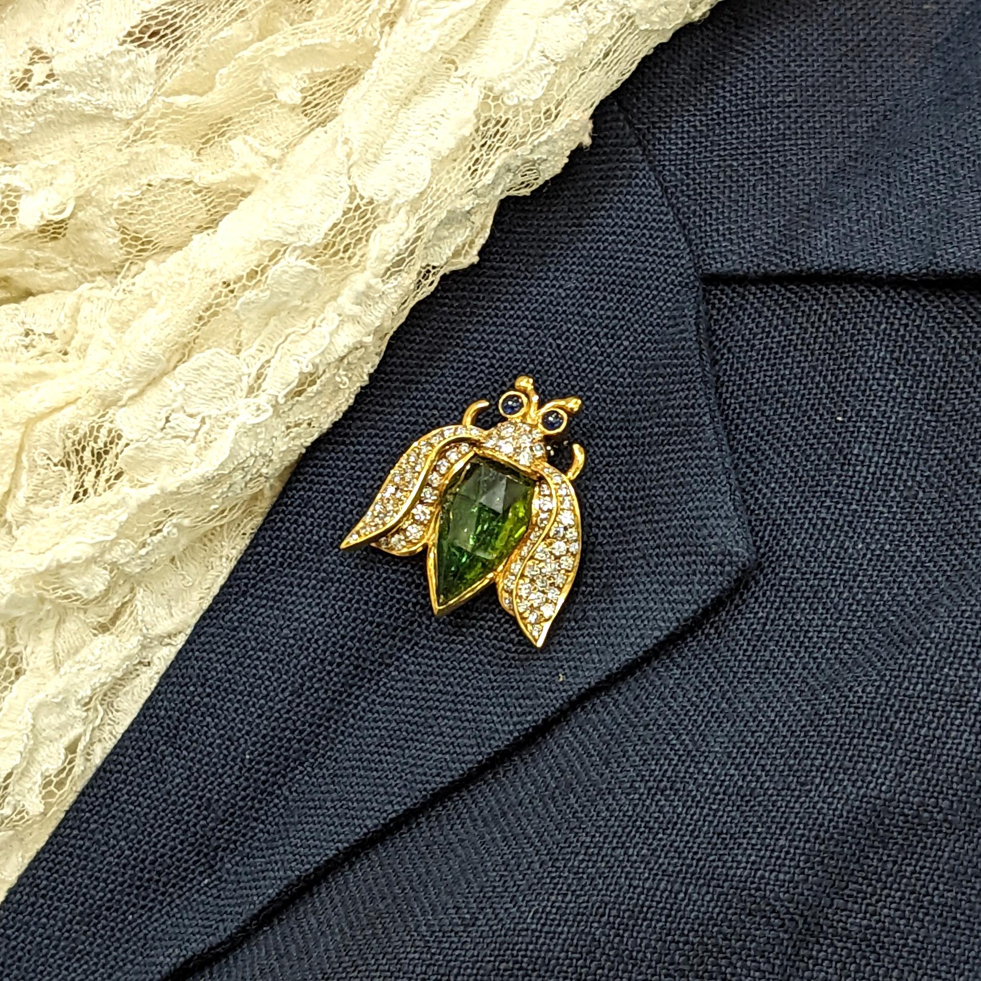 Modern Vintage 18K Diamond Green Tourmaline Sapphire Beetle Fur Clip Brooch For Sale