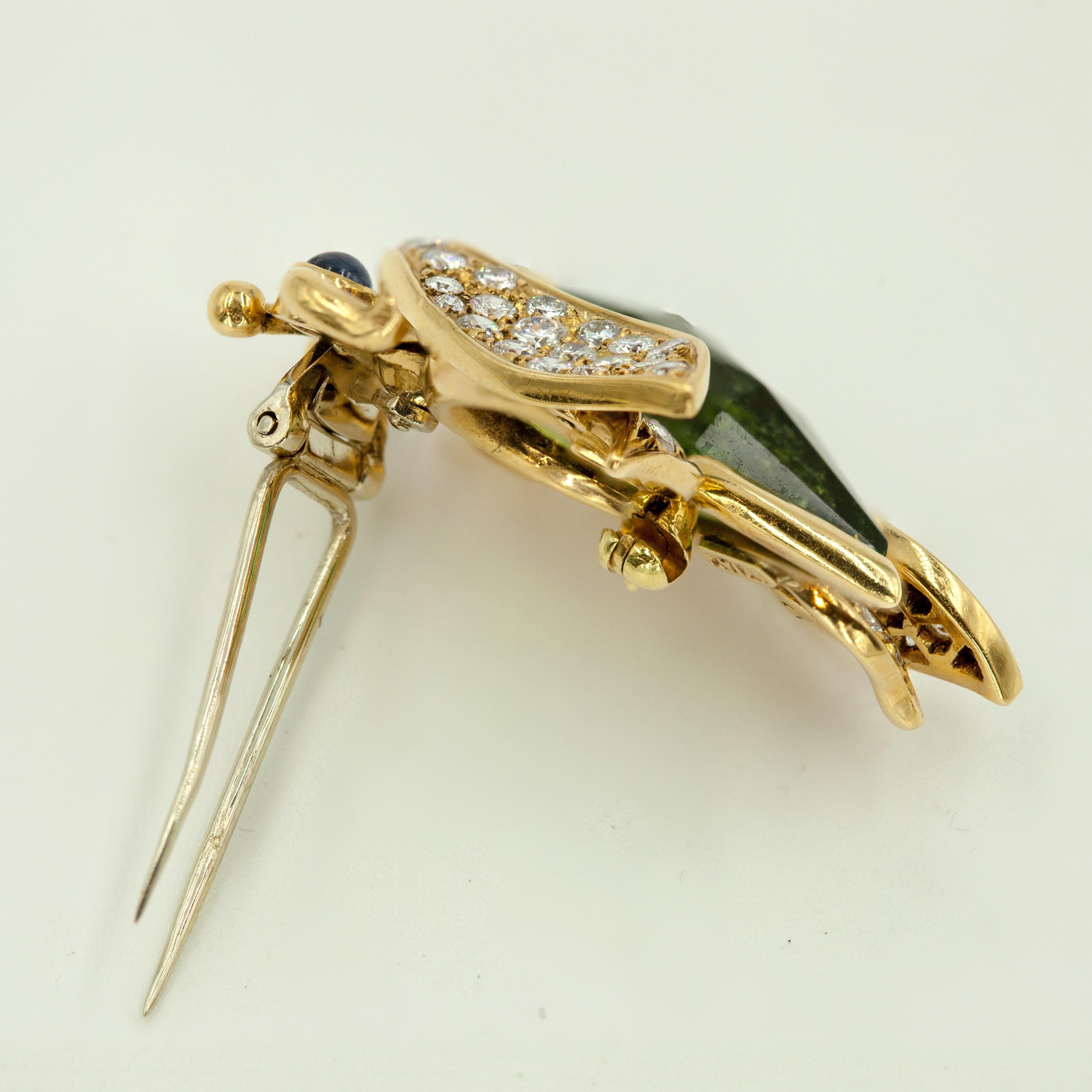 Vintage 18K Diamond Green Tourmaline Sapphire Beetle Fur Clip Brooch For Sale 1