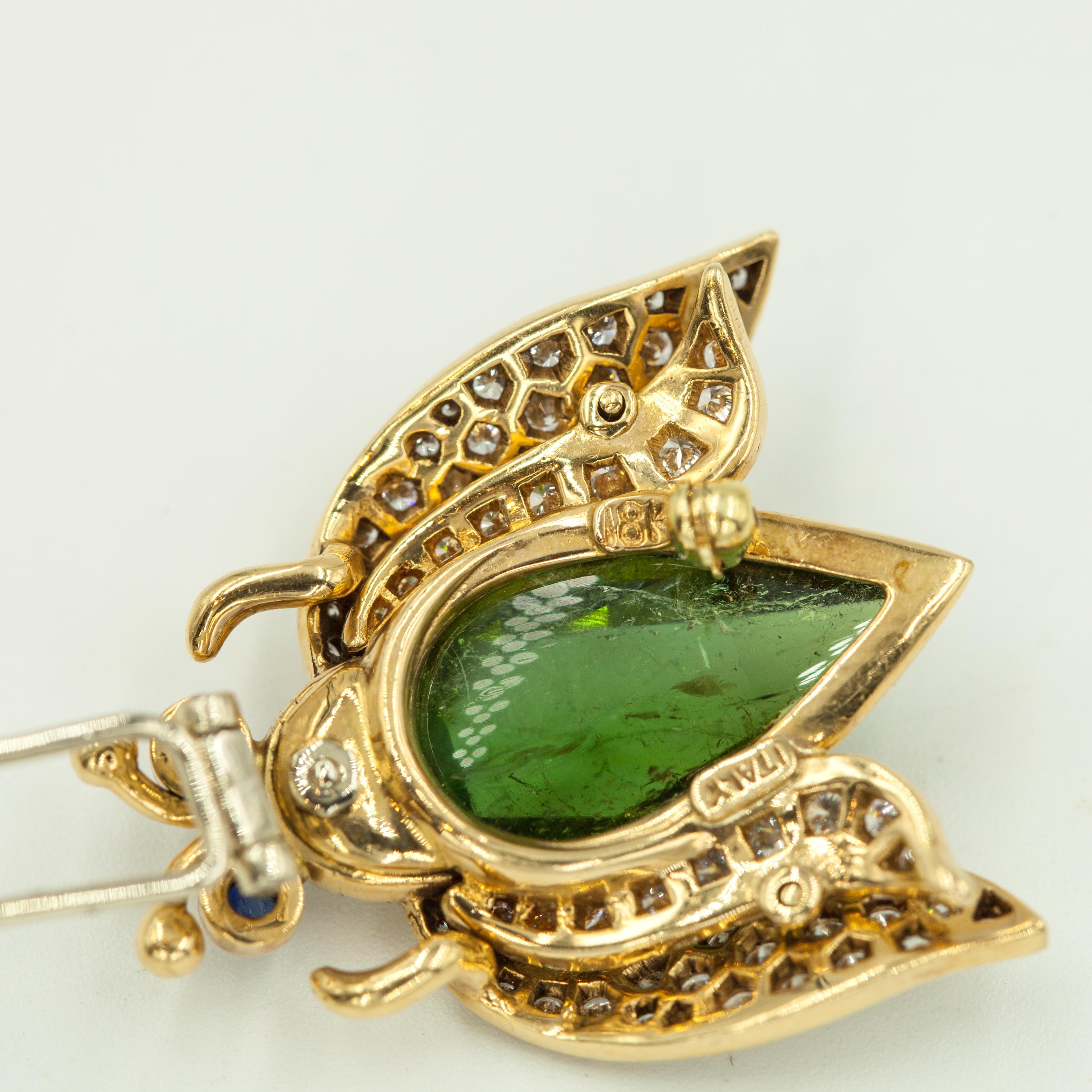 Vintage 18K Diamond Green Tourmaline Sapphire Beetle Fur Clip Brooch For Sale 2