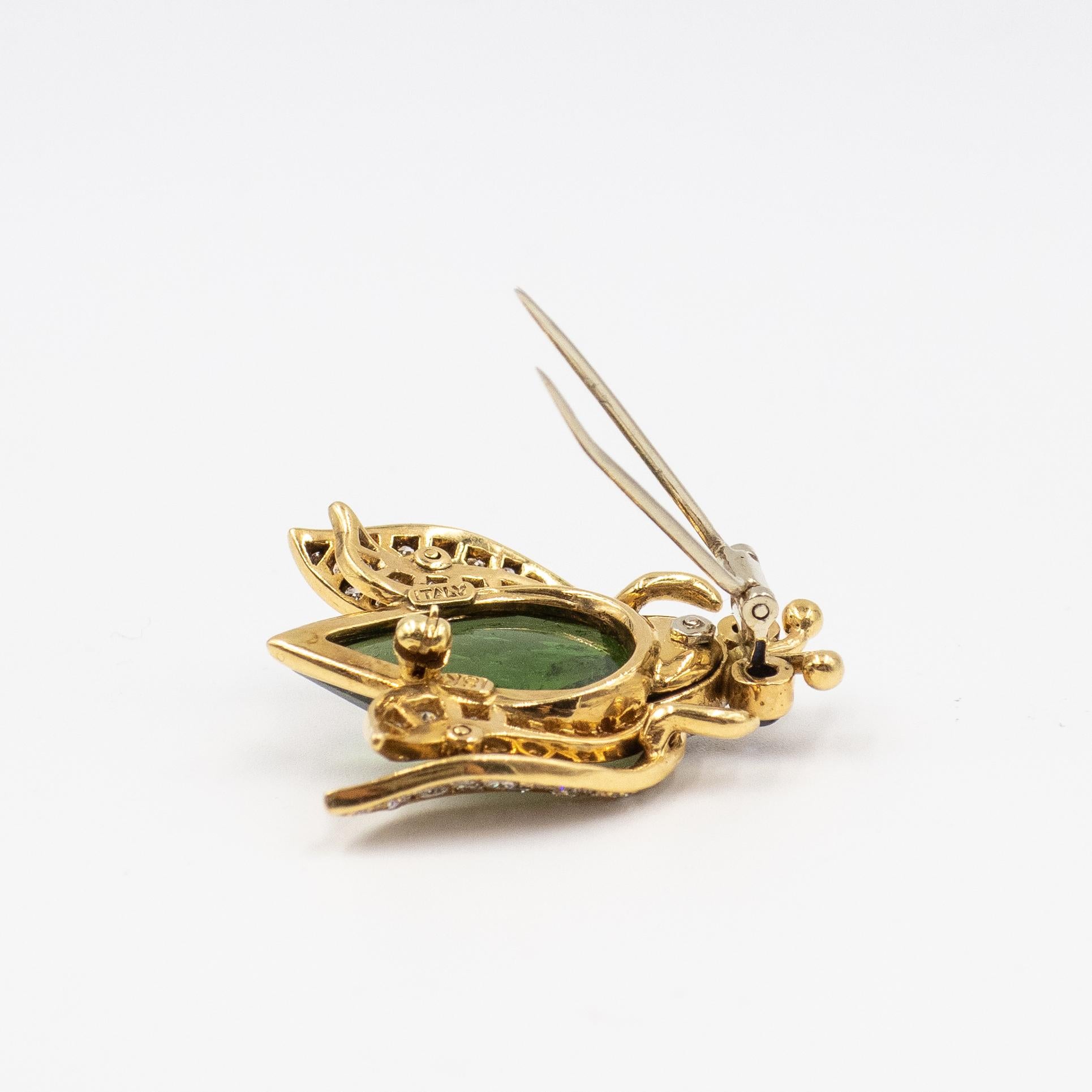 Vintage 18K Diamond Green Tourmaline Sapphire Beetle Fur Clip Brooch For Sale 3