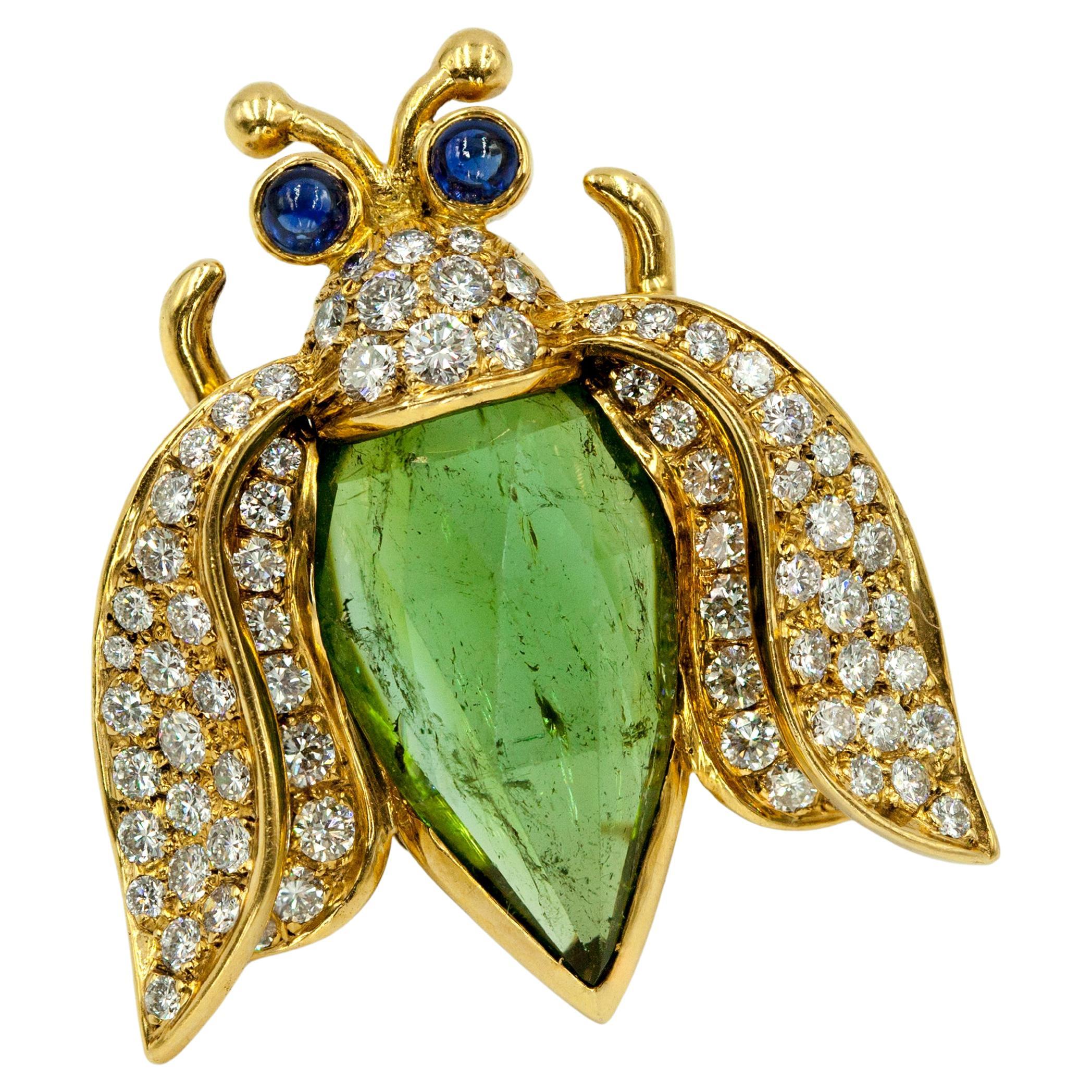 Vintage 18K Diamond Green Tourmaline Sapphire Beetle Fur Clip Brooch