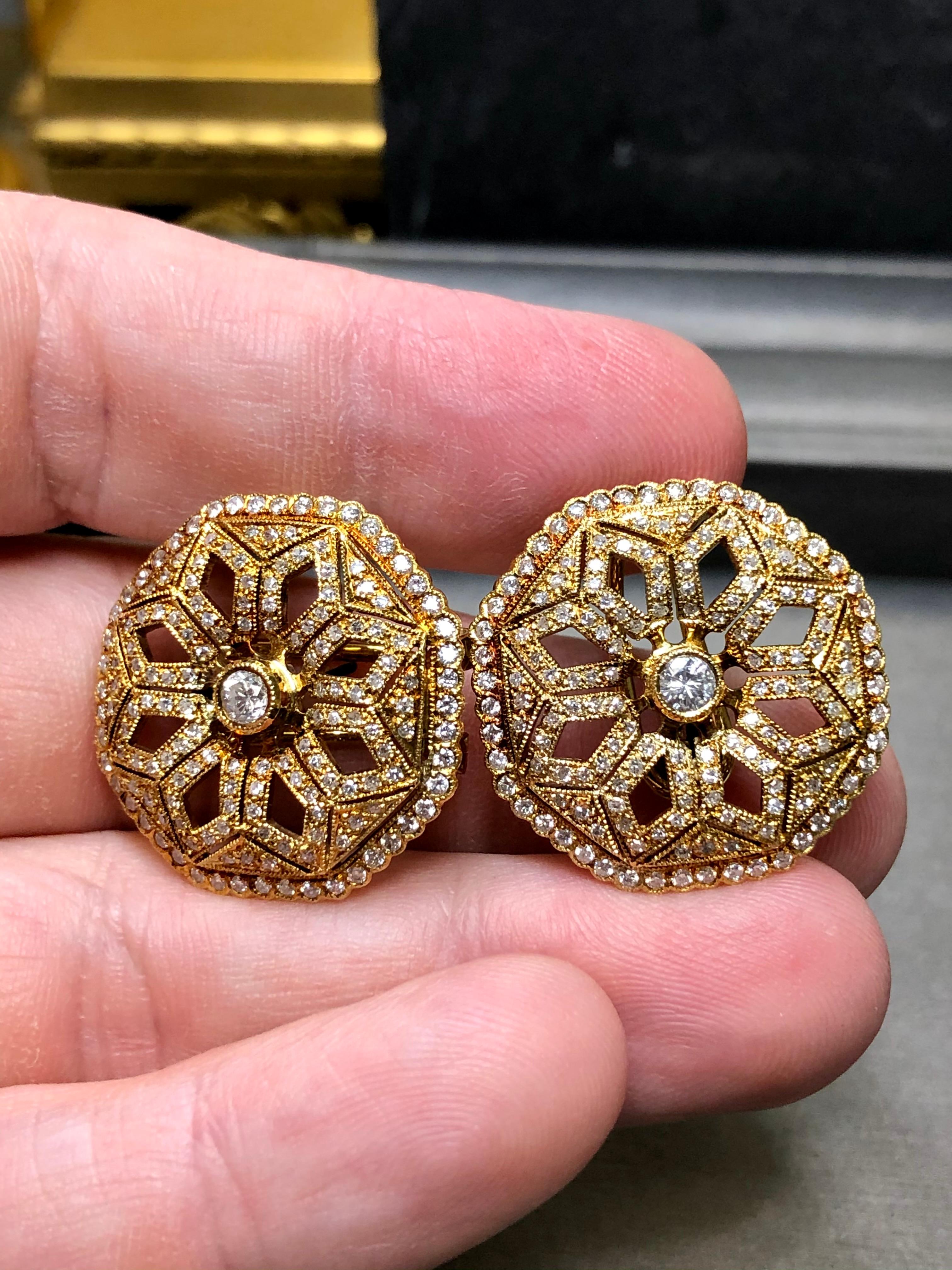 Vintage 18K Diamond Octagonal Floral Huggie Earrings Omega Back 3.30ctw NUMBERED For Sale 5