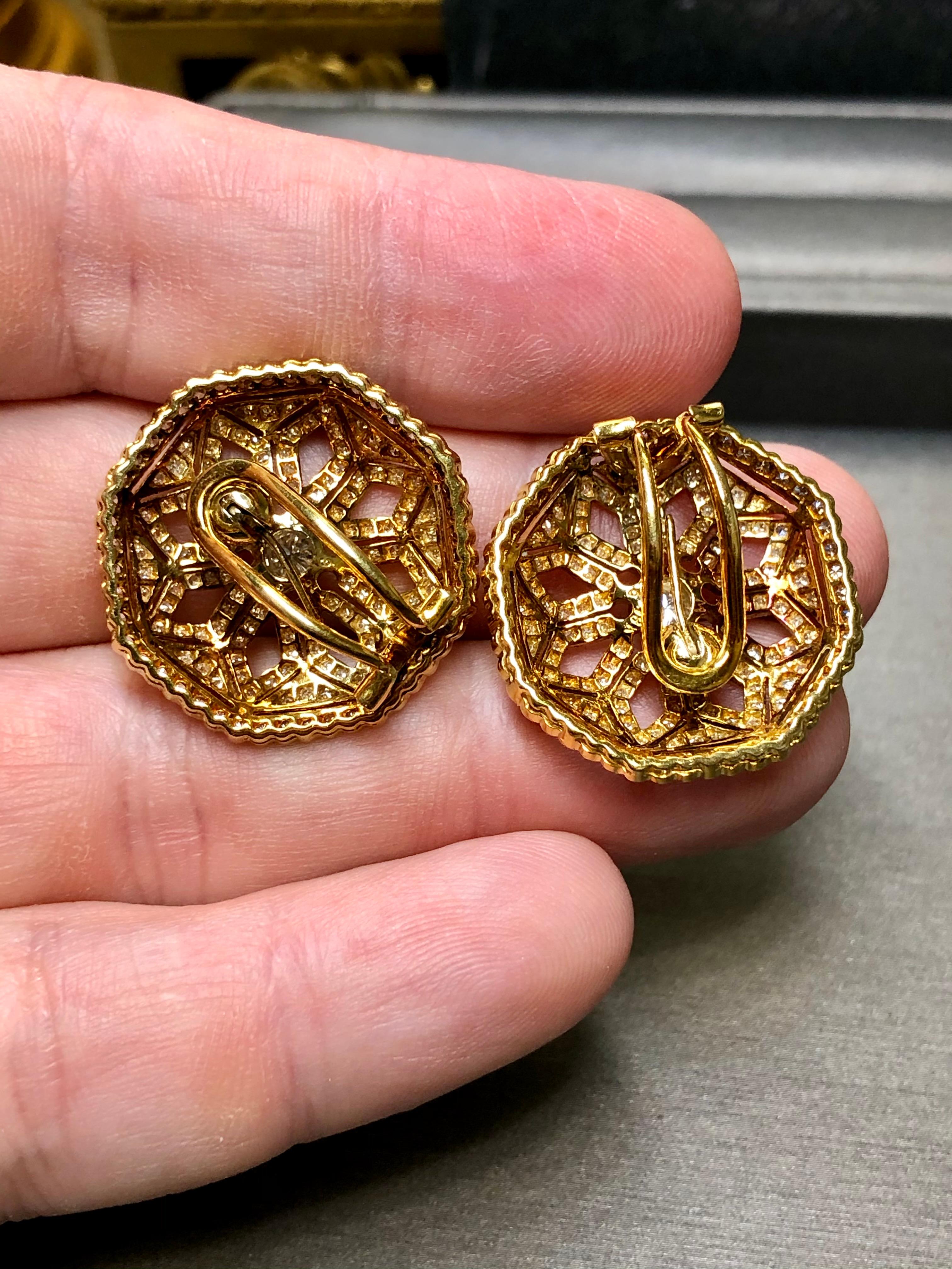 Vintage 18K Diamond Octagonal Floral Huggie Earrings Omega Back 3.30ctw NUMBERED For Sale 7