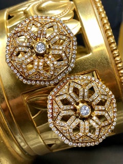 Vintage 18K Diamond Octagonal Floral Huggie Earrings Omega Back 3.30ctw NUMBERED
