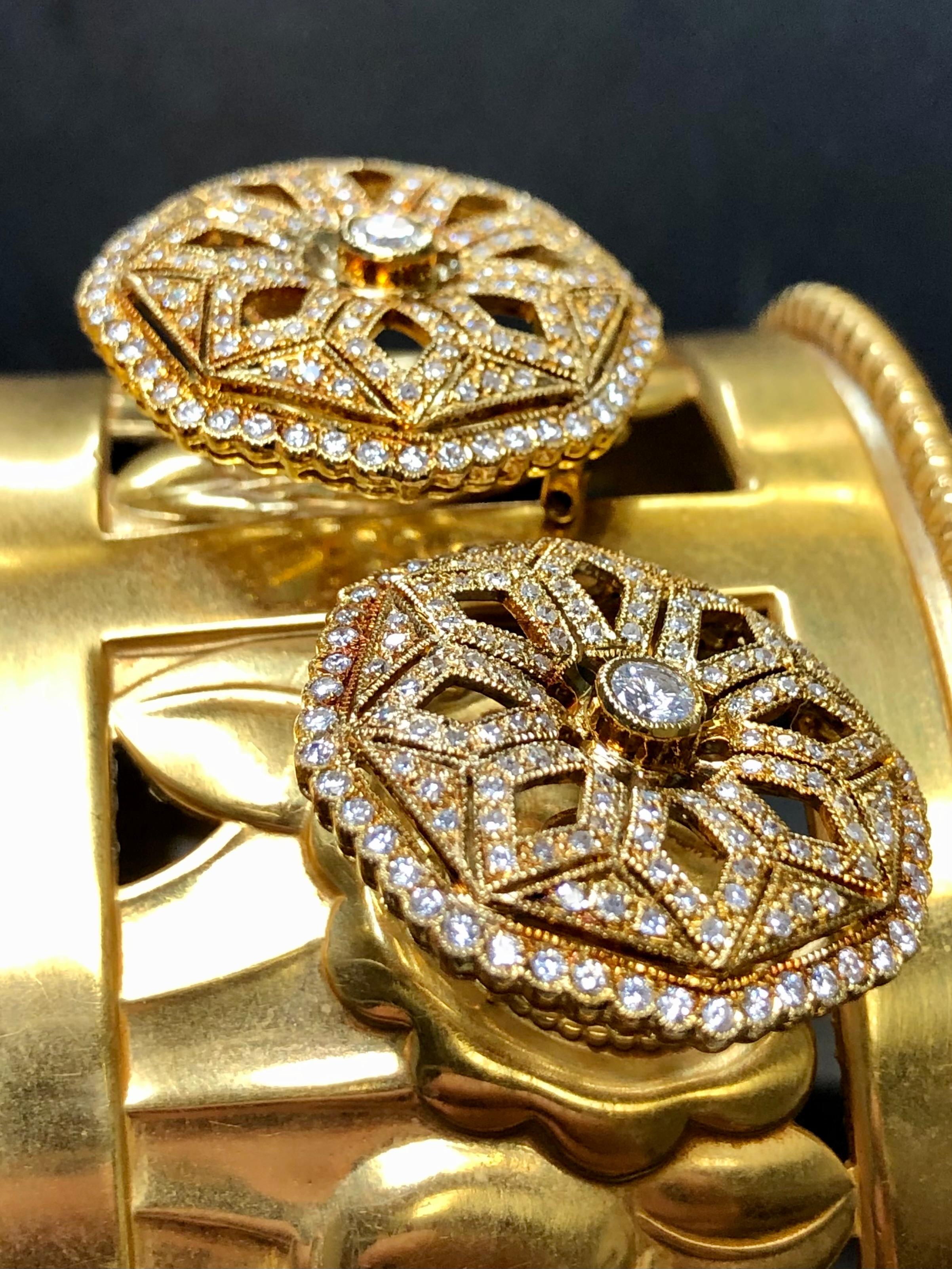 Round Cut Vintage 18K Diamond Octagonal Floral Huggie Earrings Omega Back 3.30ctw NUMBERED For Sale