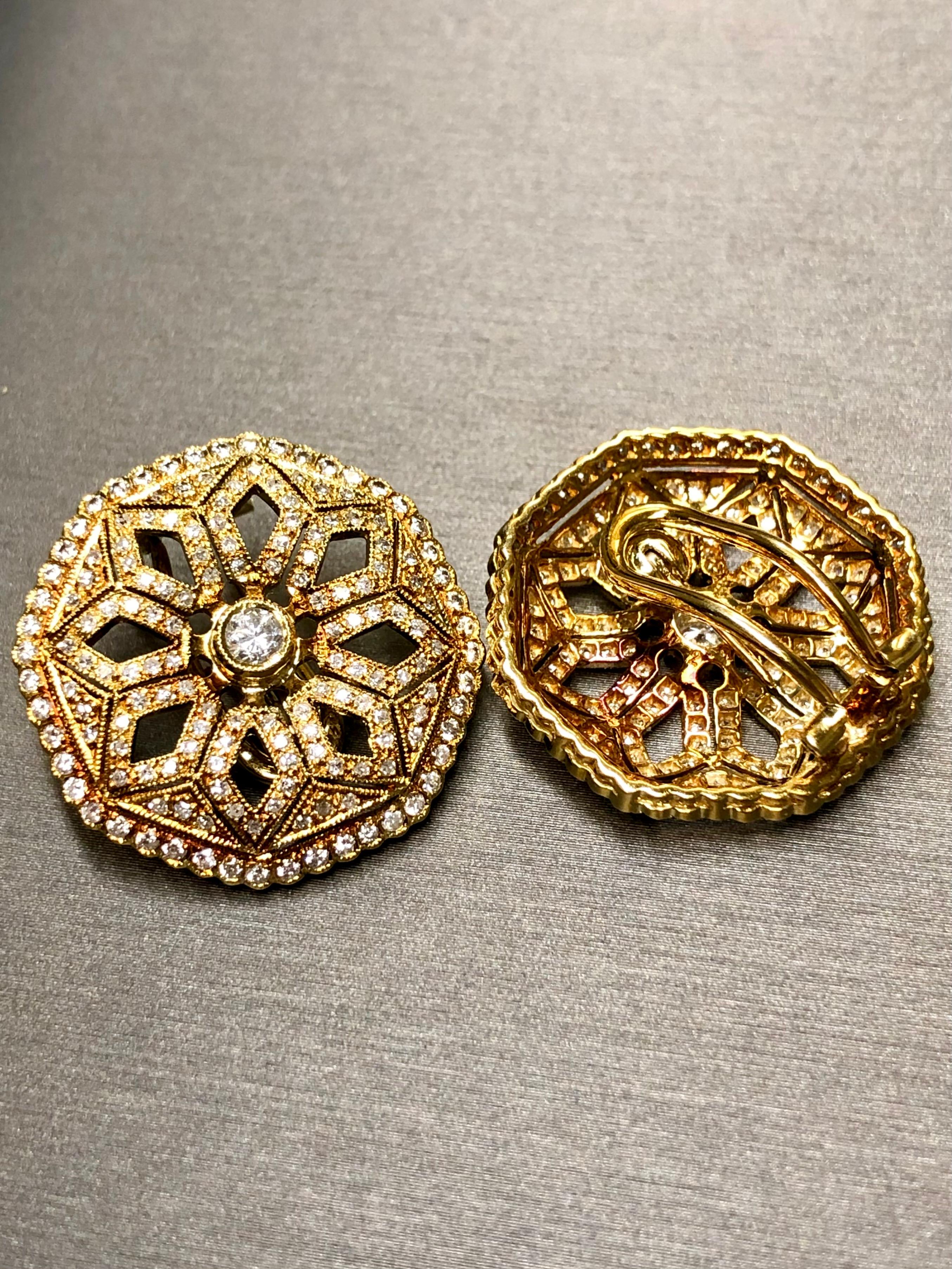 Vintage 18K Diamond Octagonal Floral Huggie Earrings Omega Back 3.30ctw NUMBERED For Sale 1