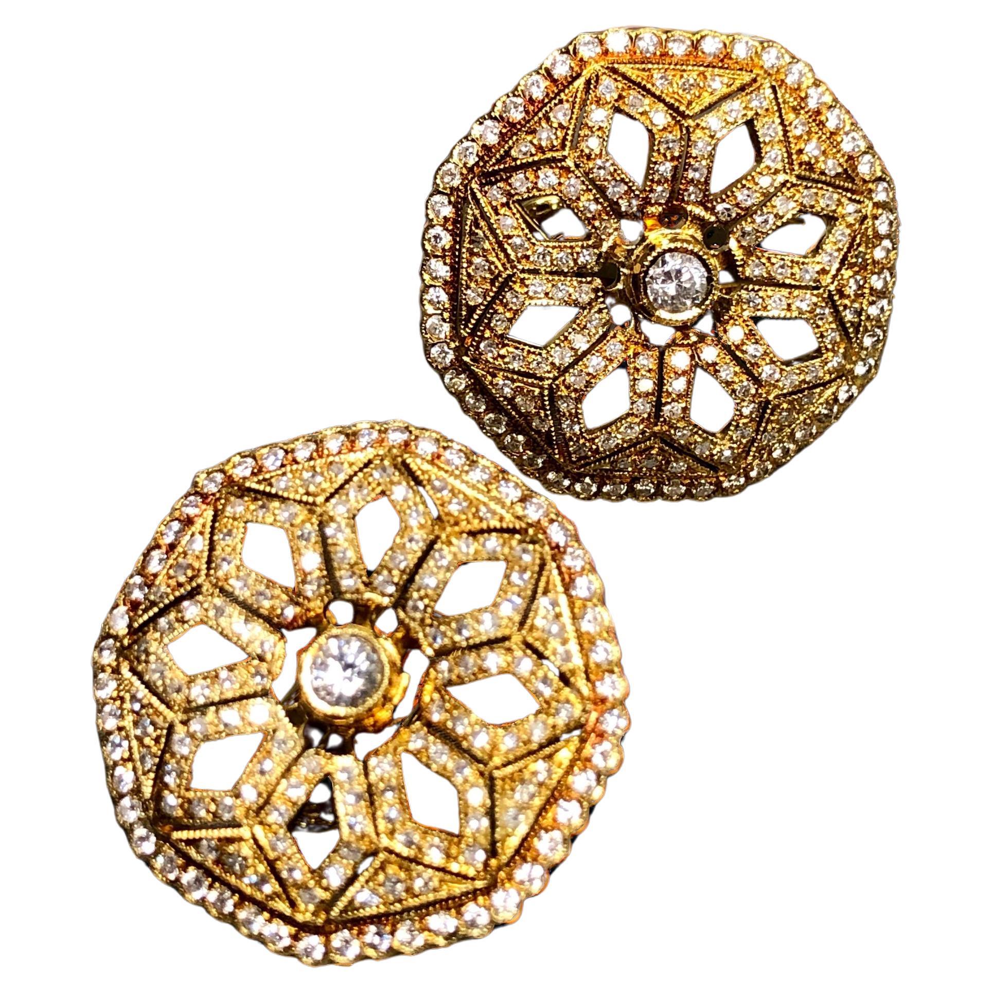 Vintage 18K Diamond Octagonal Floral Huggie Earrings Omega Back 3.30ctw NUMBERED For Sale
