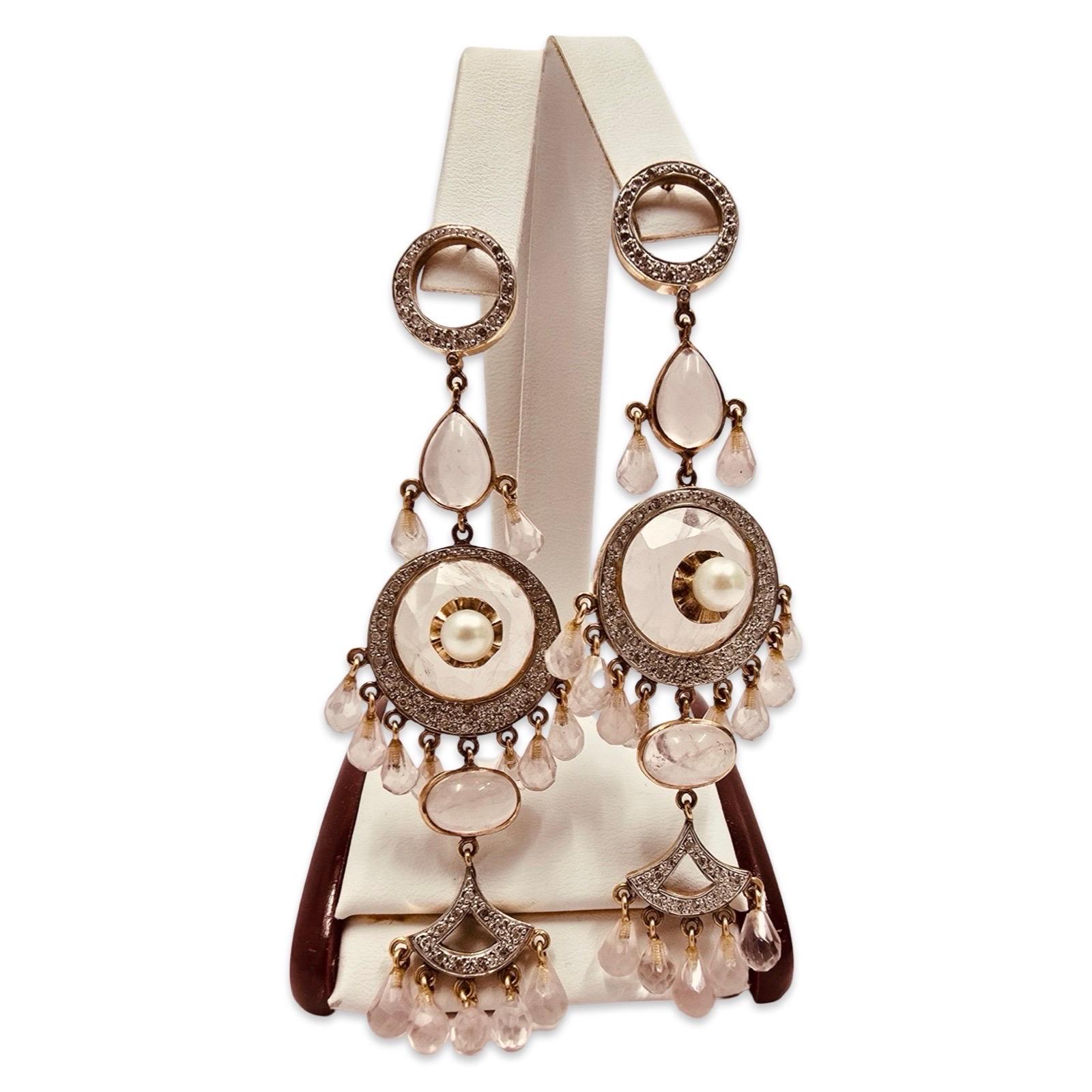 Orecchini a lampadario con diamanti, perle e quarzo rosa d'epoca 18k In condizioni ottime in vendita a Miami, FL