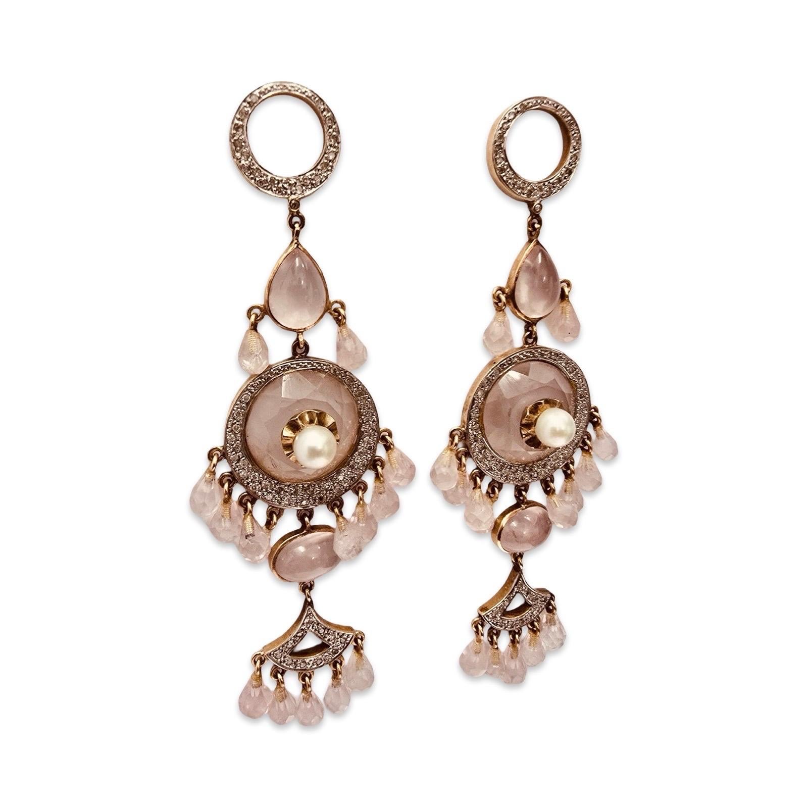 Orecchini a lampadario con diamanti, perle e quarzo rosa d'epoca 18k in vendita 1