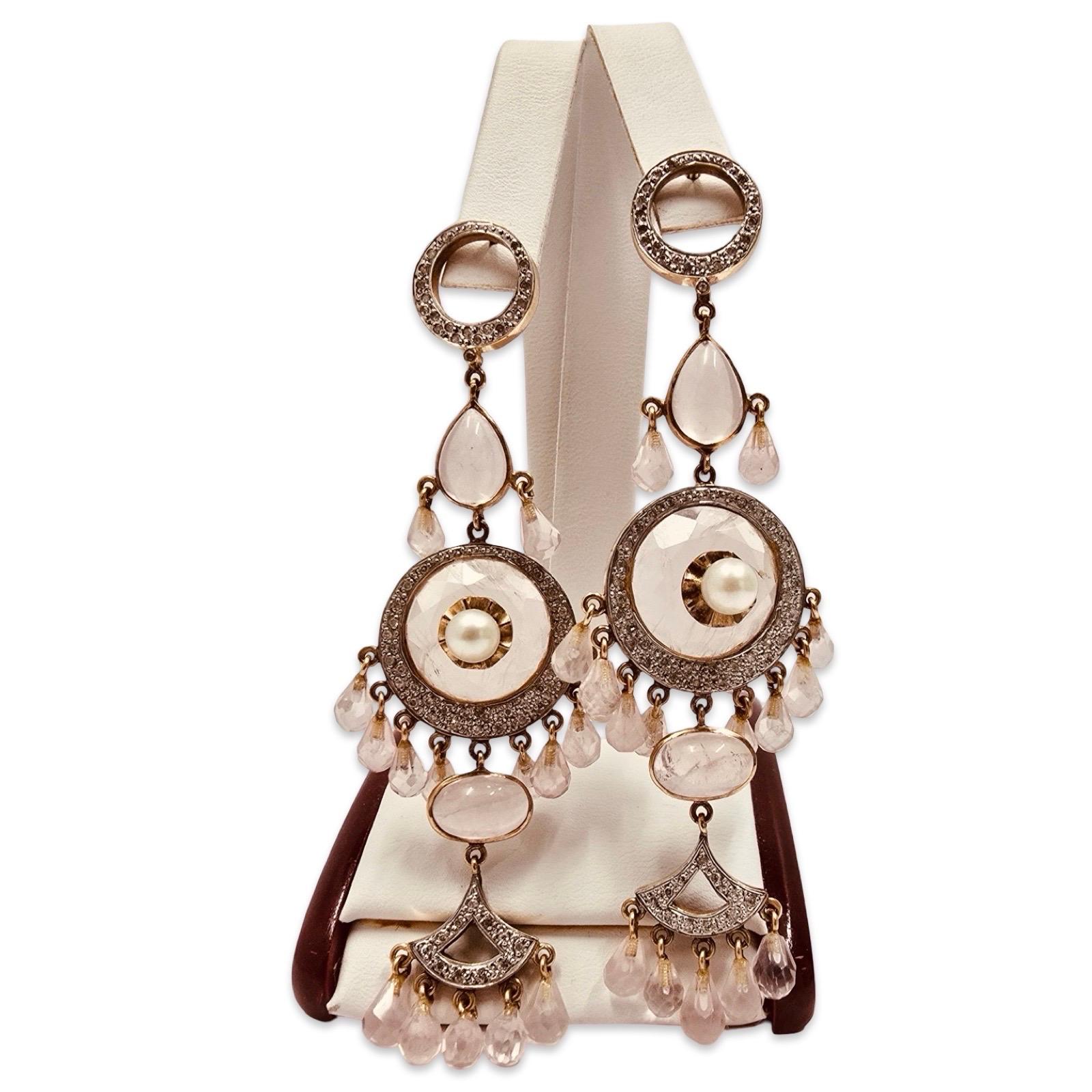 Orecchini a lampadario con diamanti, perle e quarzo rosa d'epoca 18k in vendita 2