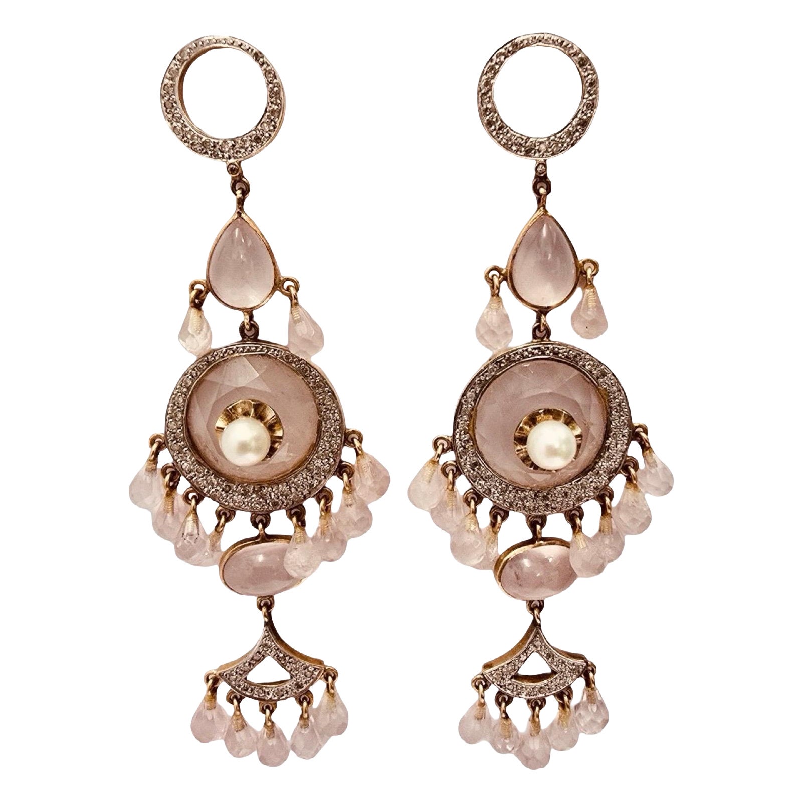 Orecchini a lampadario con diamanti, perle e quarzo rosa d
epoca 18k