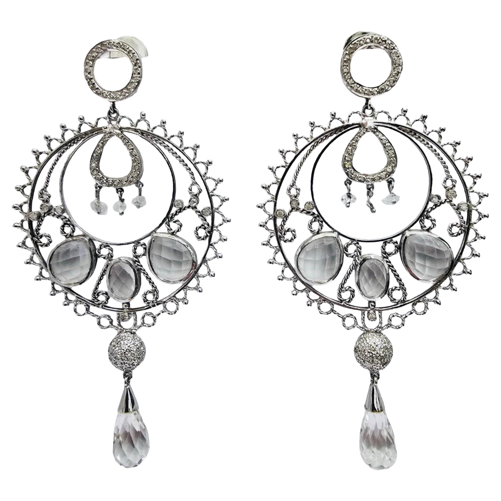 Orecchini a lampadario bohémien con diamanti e cristalli di rocca d'epoca 18k