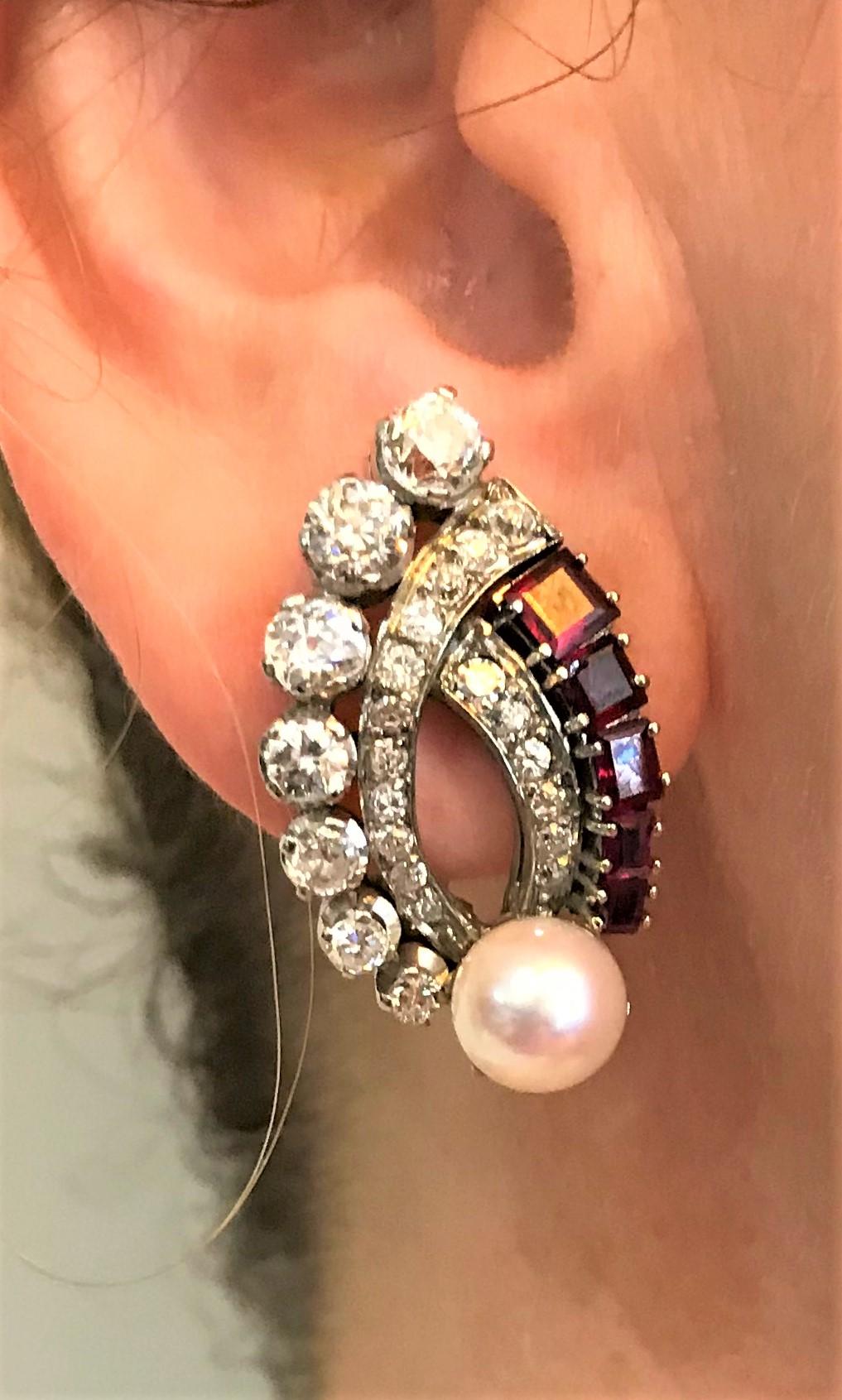 Women's or Men's Vintage 18K Diamond, Ruby and Pearl Earrings For Sale