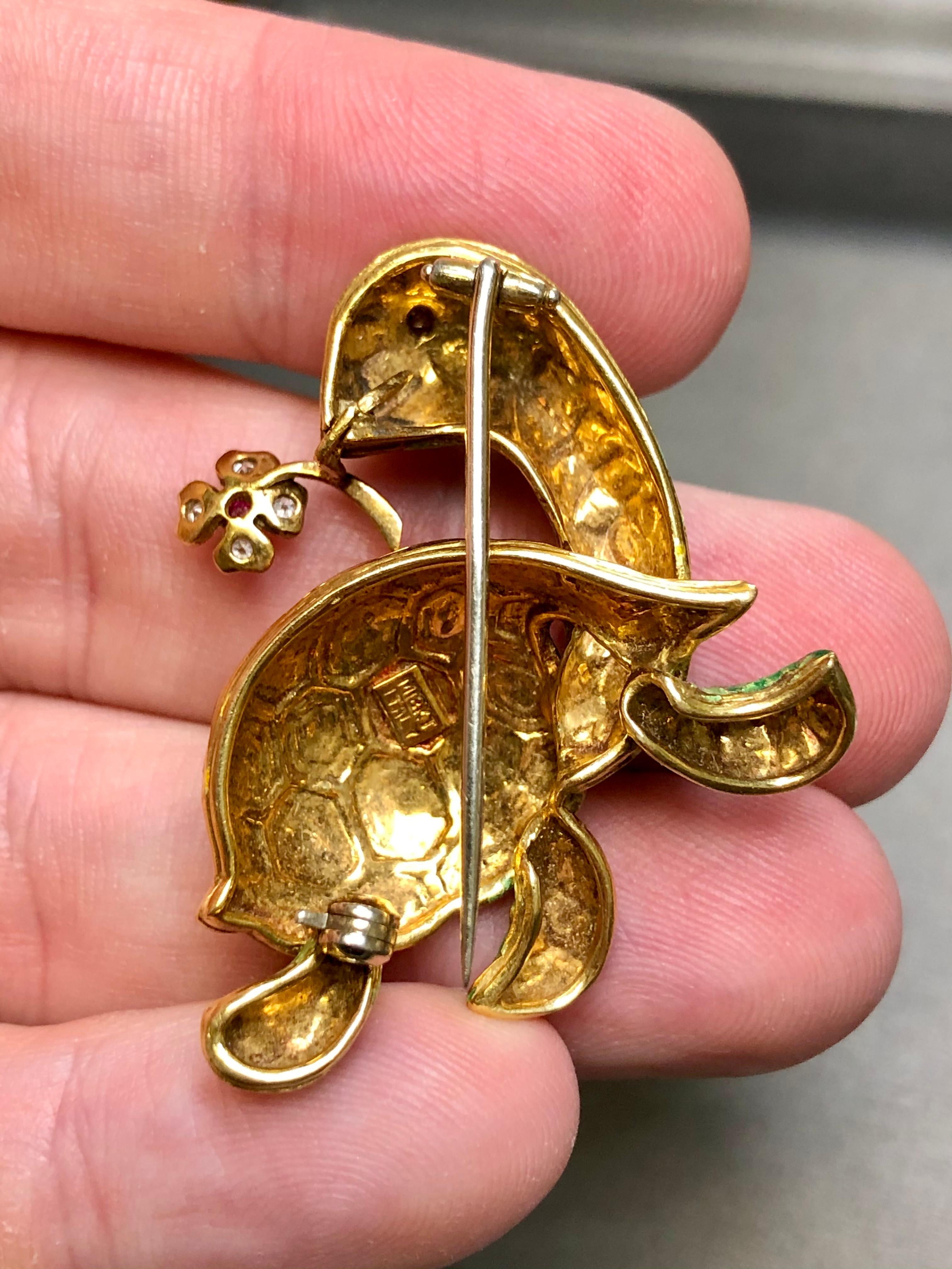 Women's or Men's Vintage 18K Diamond Ruby Enamel En Tremblant Turtle Brooch Pin For Sale