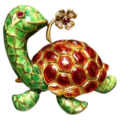 Broche vintage 18K diamant rubis émail En Tremblant Turtle Brooch