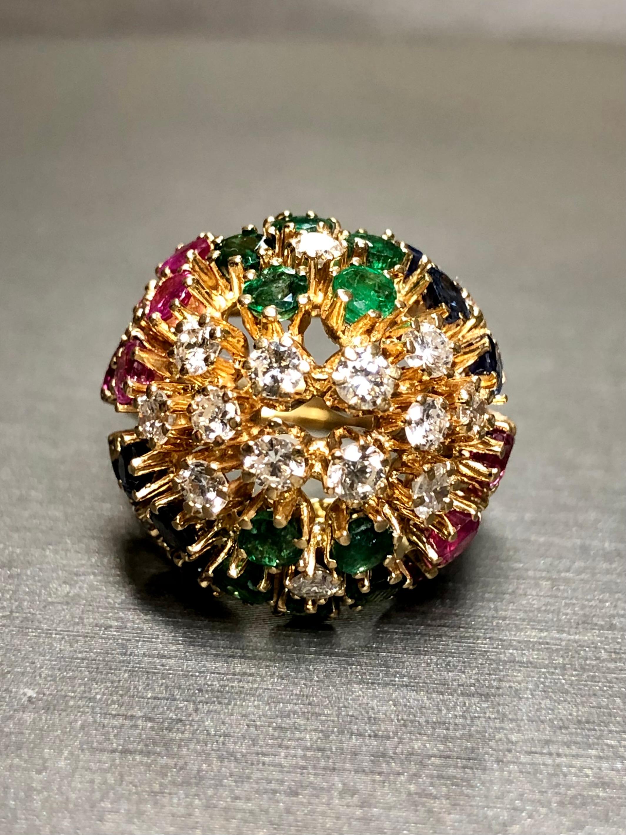 Retro Vintage 18K Diamond Ruby Sapphire Emerald Bombe Ball Cocktail Ring 5cttw For Sale
