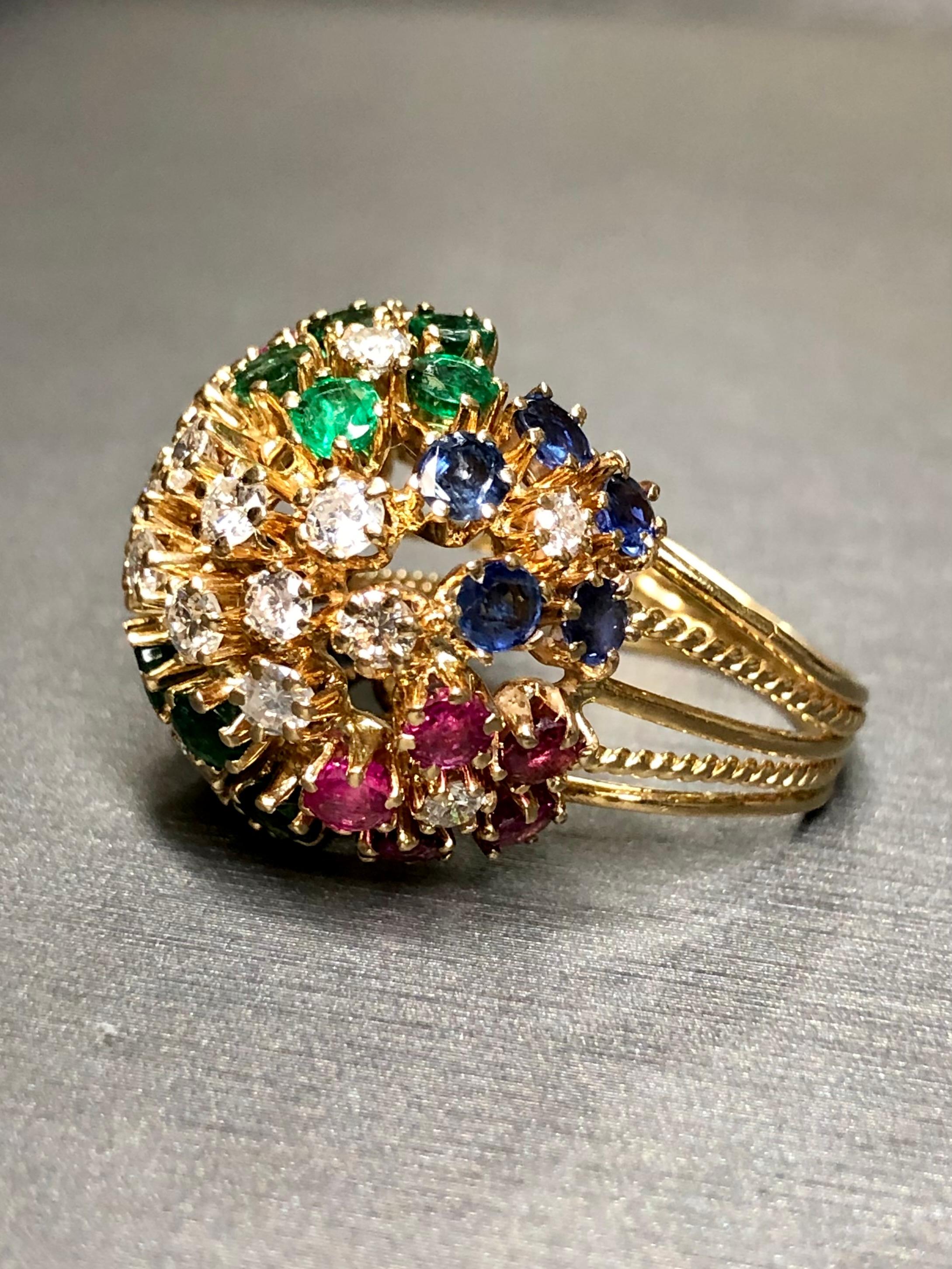 Round Cut Vintage 18K Diamond Ruby Sapphire Emerald Bombe Ball Cocktail Ring 5cttw For Sale