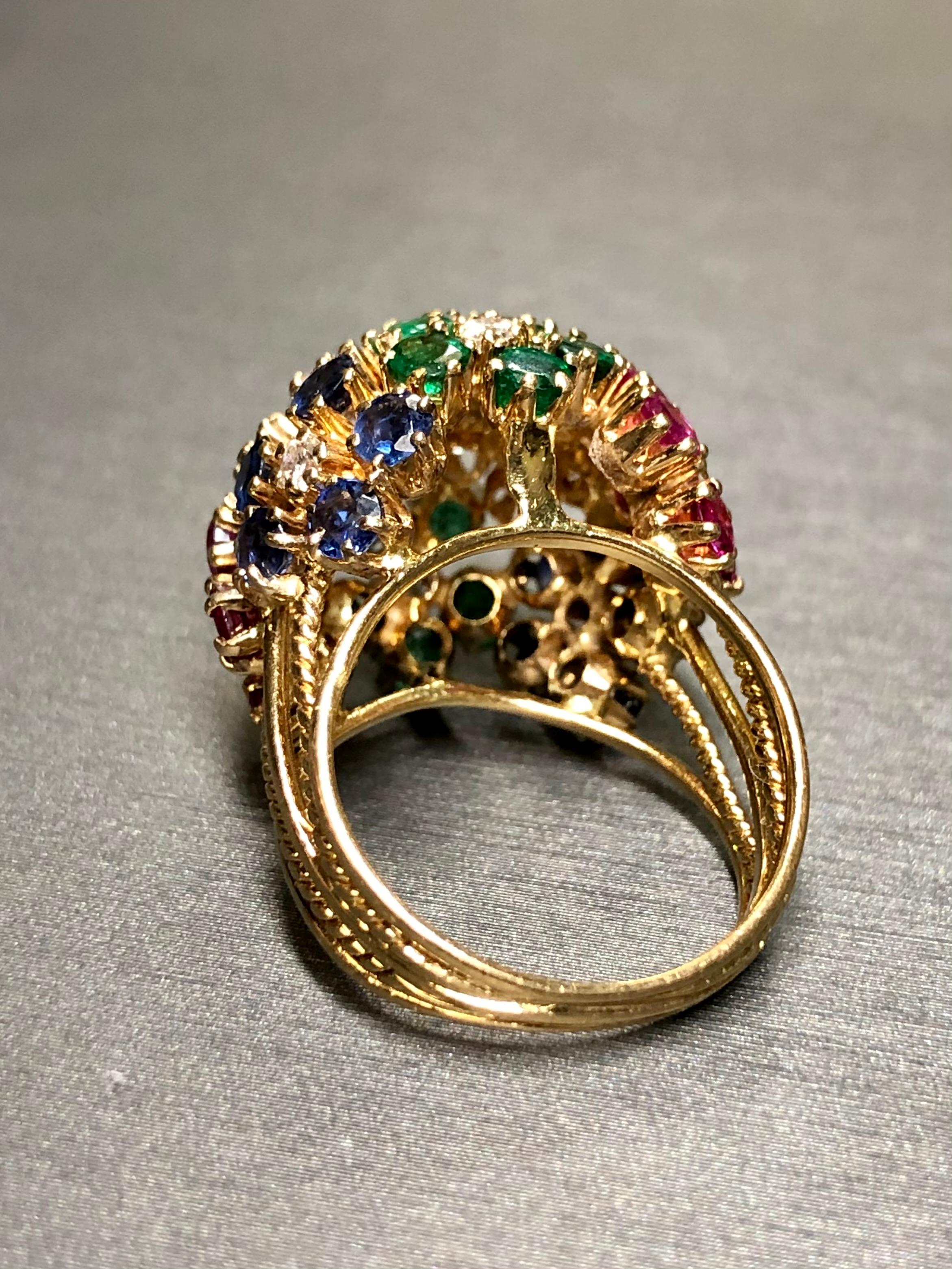 Vintage 18K Diamond Ruby Sapphire Emerald Bombe Ball Cocktail Ring 5cttw In Good Condition For Sale In Winter Springs, FL