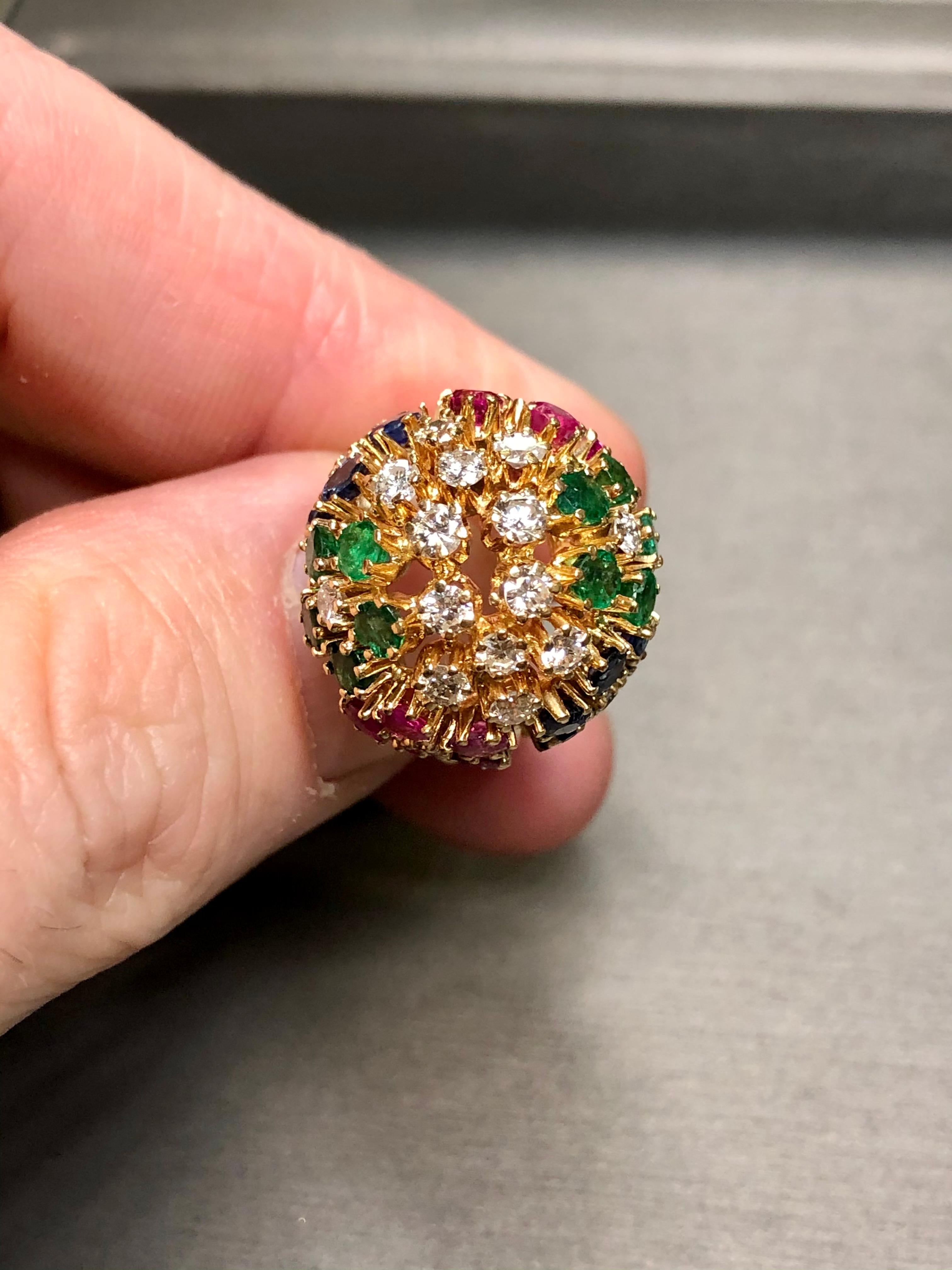 Women's or Men's Vintage 18K Diamond Ruby Sapphire Emerald Bombe Ball Cocktail Ring 5cttw For Sale