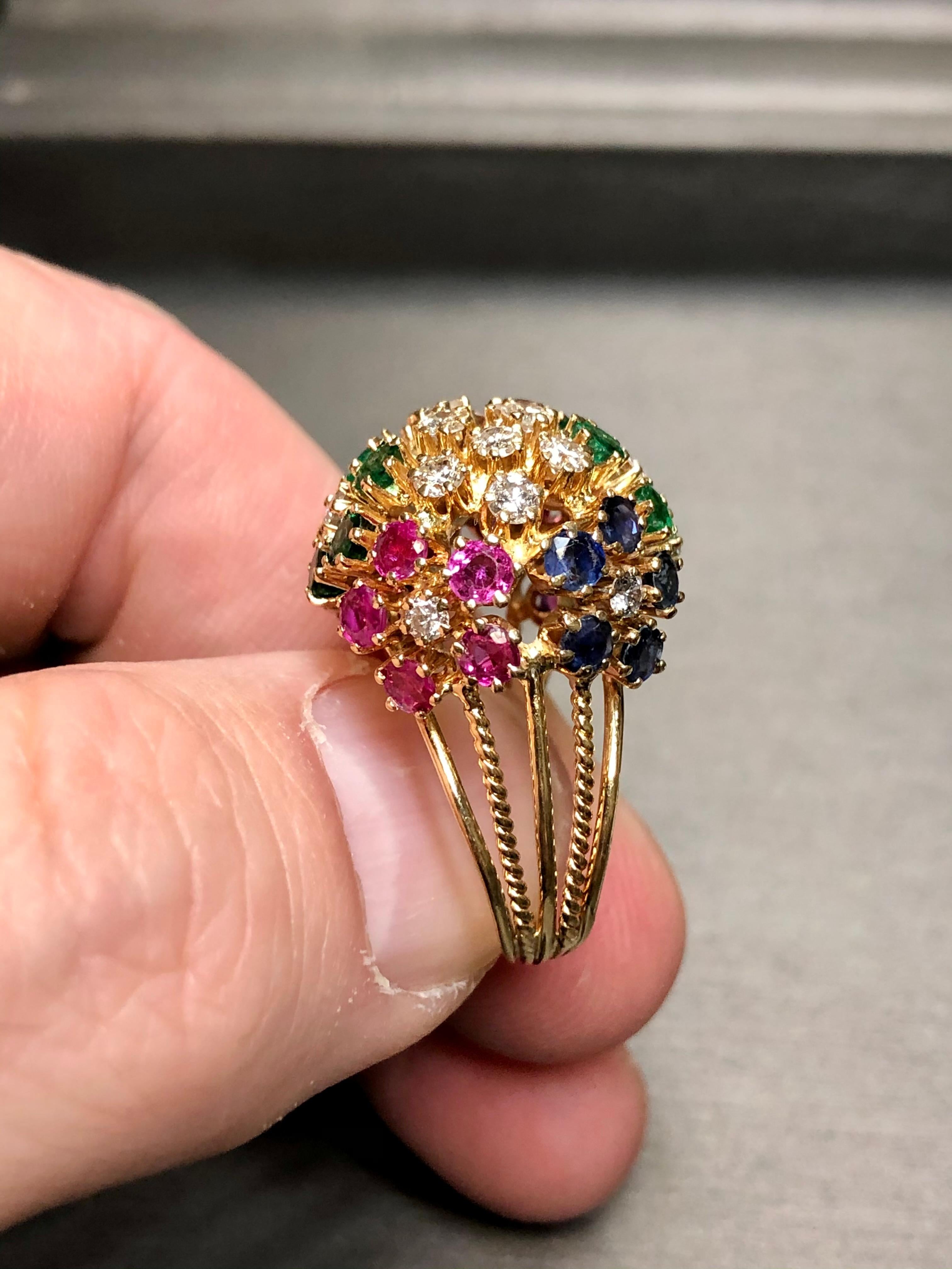 Vintage 18K Diamond Ruby Sapphire Emerald Bombe Ball Cocktail Ring 5cttw For Sale 1