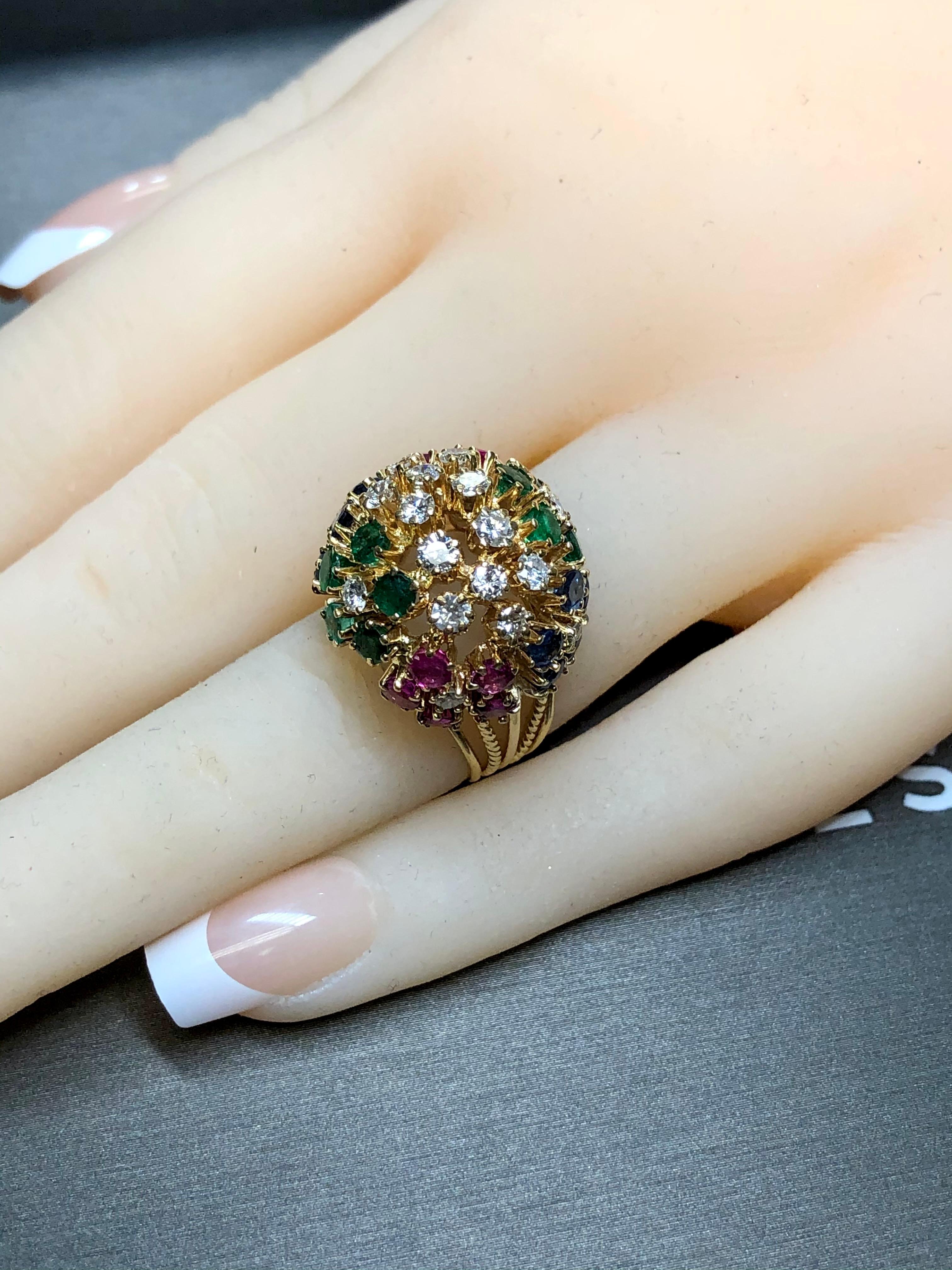 Vintage 18K Diamond Ruby Sapphire Emerald Bombe Ball Cocktail Ring 5cttw For Sale 2