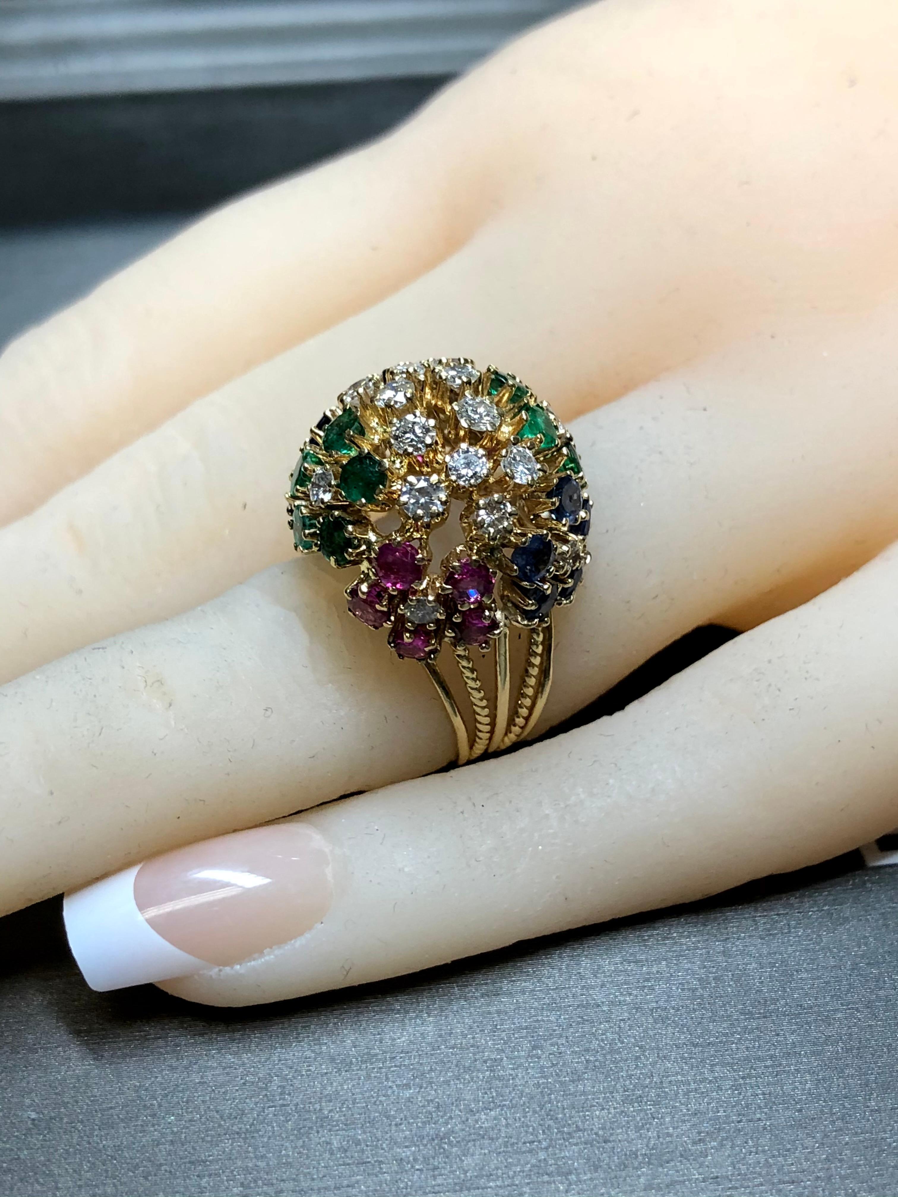 Vintage 18K Diamond Ruby Sapphire Emerald Bombe Ball Cocktail Ring 5cttw For Sale 3