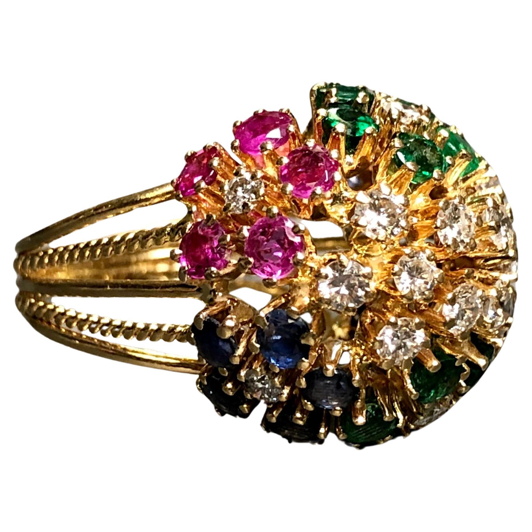Vintage 18K Diamond Ruby Sapphire Emerald Bombe Ball Cocktail Ring 5cttw For Sale
