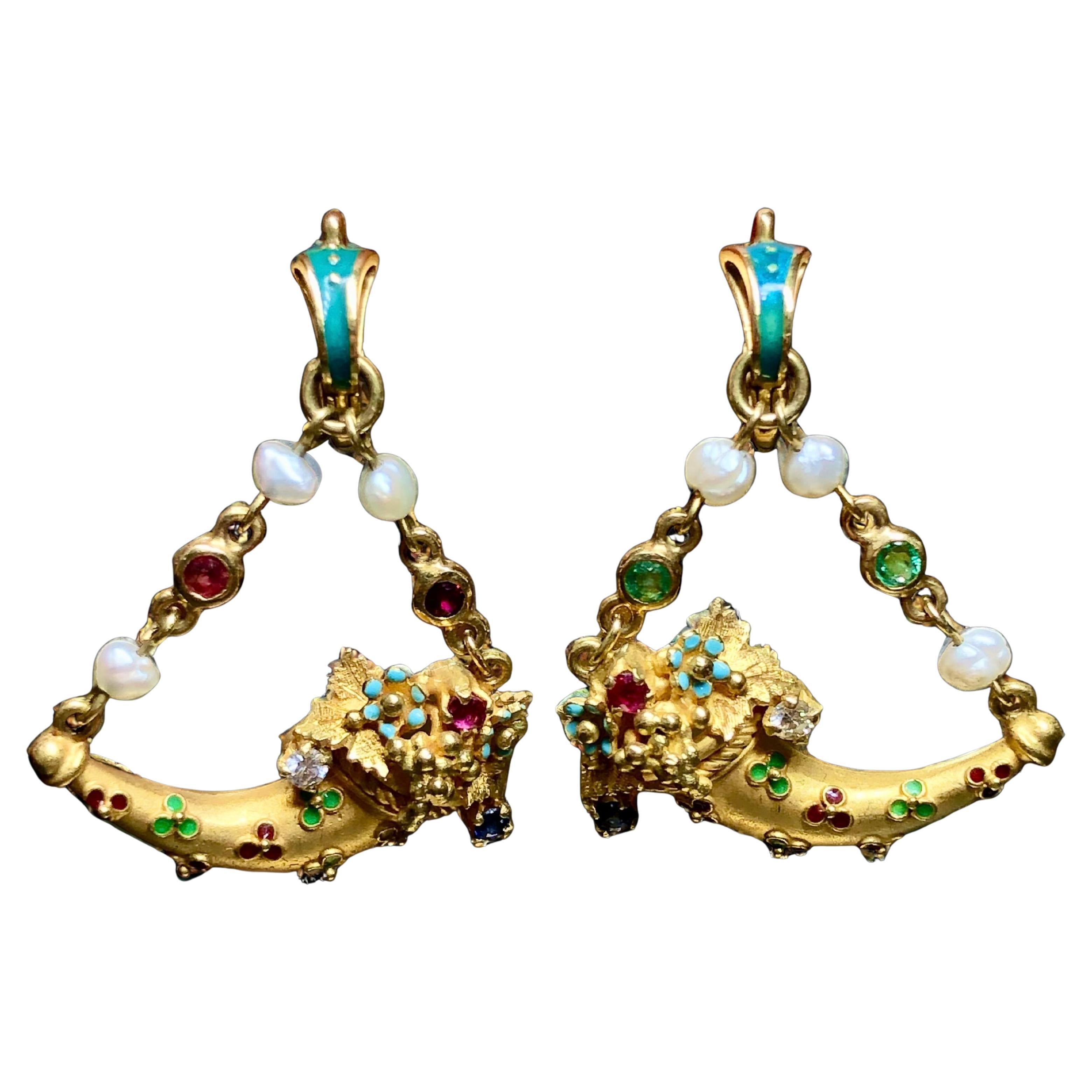 Vintage 18K Diamond Seed Pearl Ruby Sapphire Enamel Cornucopia Drop Earrings