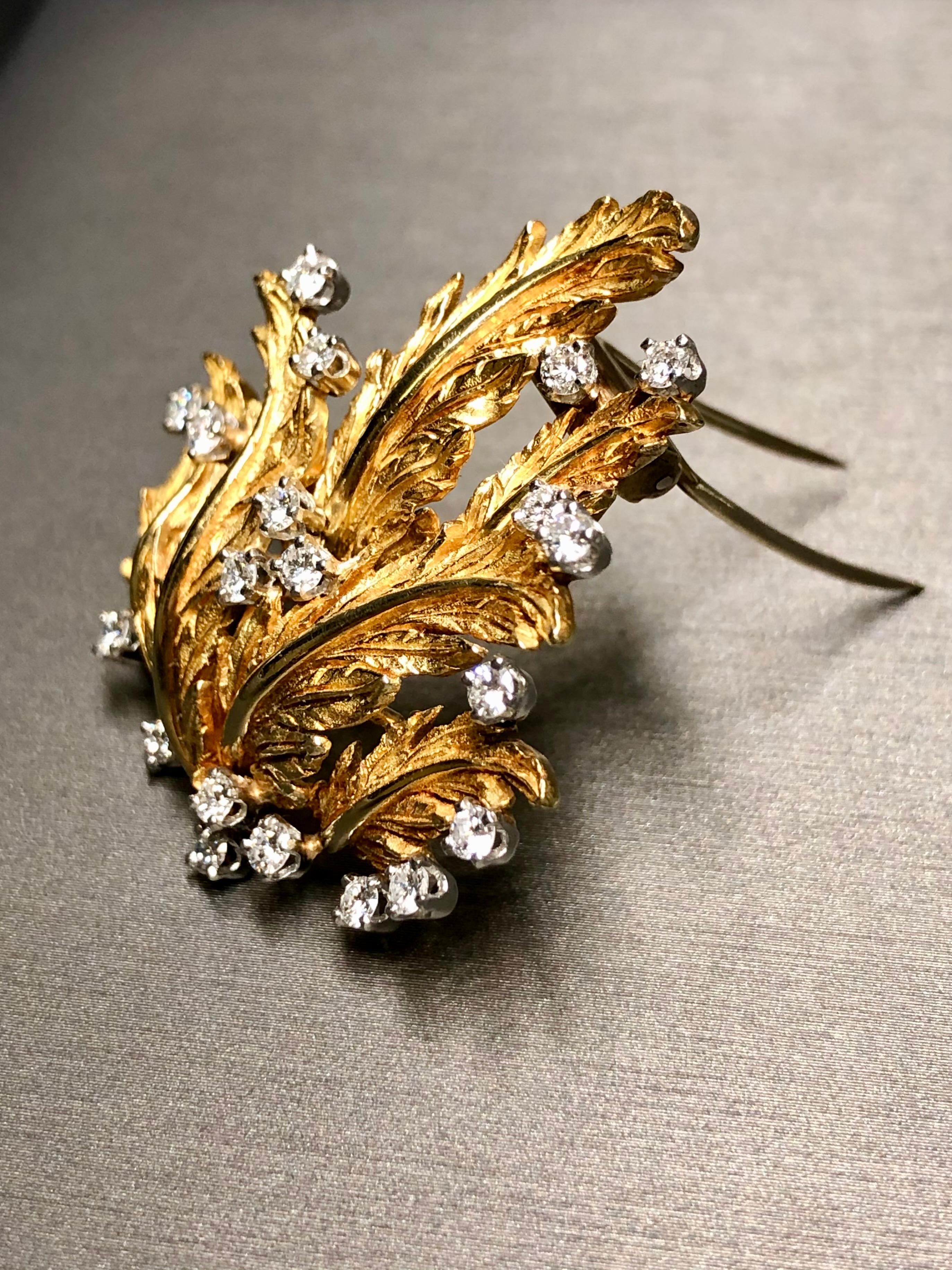 Contemporary Vintage 18K Diamond Wide Leaf Brooch Pin  For Sale