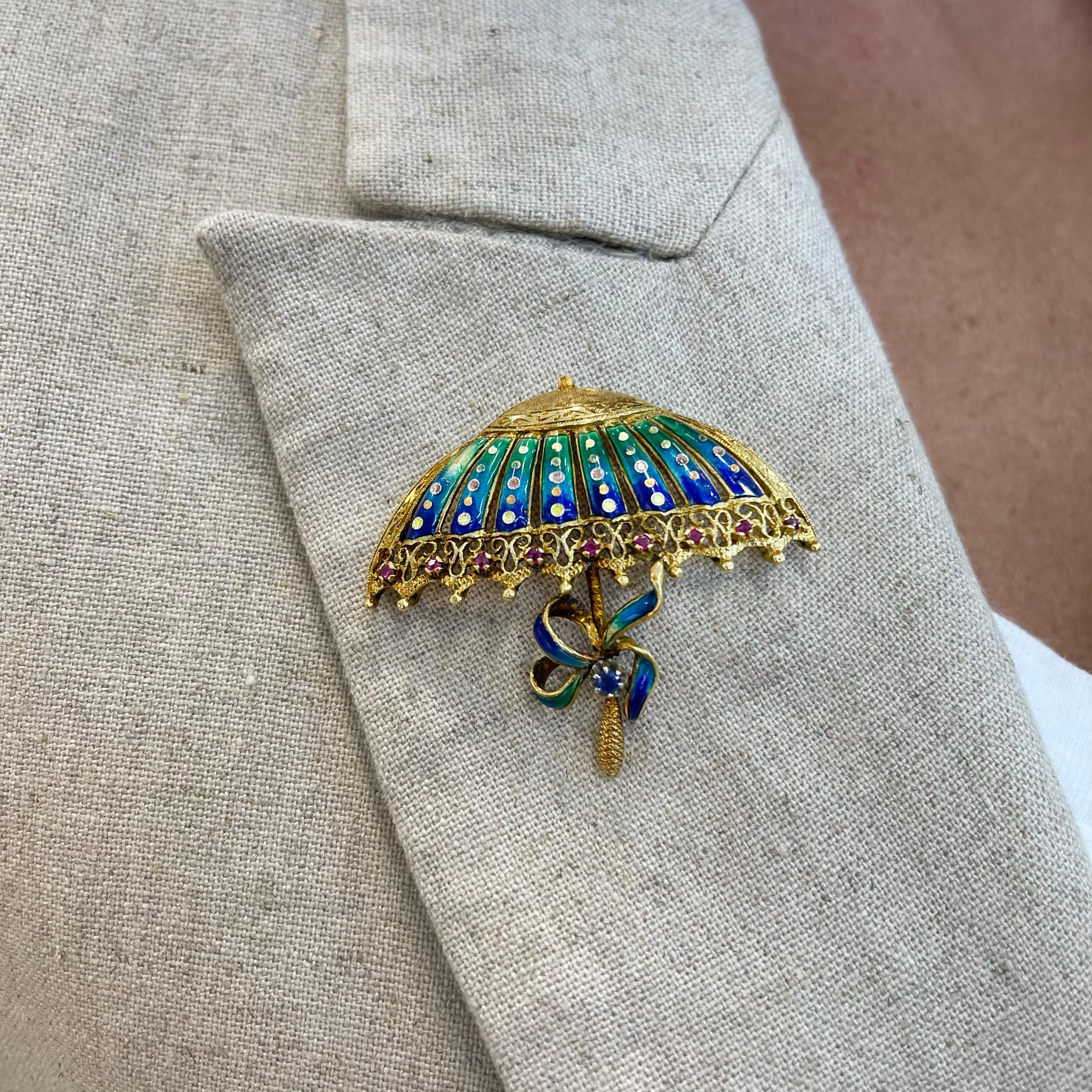 Round Cut Vintage 18K Elaborate Ruby Sapphire Floral Enamel Parasol Umbrella Pin / Brooch