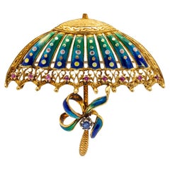 Vintage 18K Elaborate Ruby Sapphire Floral Enamel Parasol Umbrella Pin / Brooch
