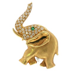 Vintage 18K Elephant Brooch Diamond Body Emerald Eye Yellow Gold