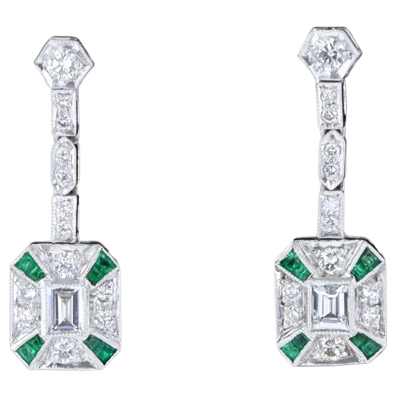 Vintage 18K Emerald and Diamond Earrings For Sale