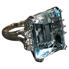 Vintage 18K Emerald Cut Aquamarine Diamond Cocktail Ring 20ct+ Sz 7.5