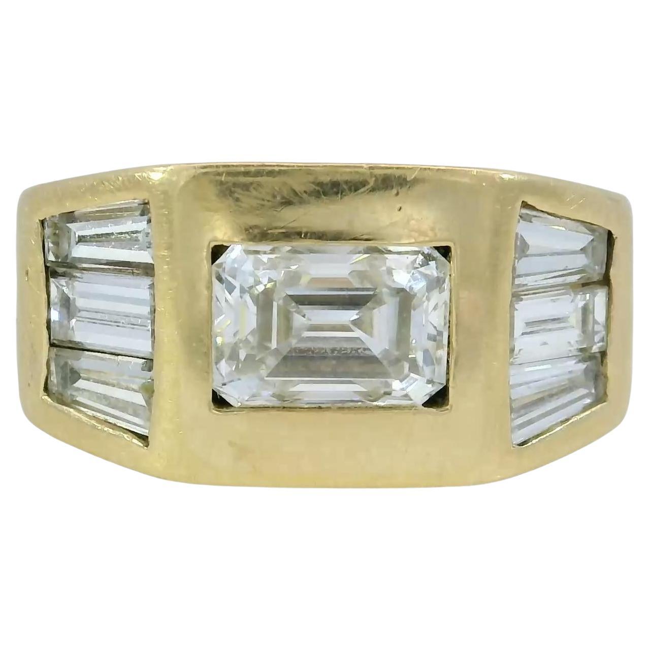 Vintage 18K Emerald-Cut Diamond Baguette Ring Yellow Gold ~1.72ctw Size 6 For Sale