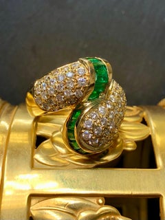 Vintage 18K Emerald Pave Diamond Bypass Large Cocktail Ring 4.30cttw Sz 7.75