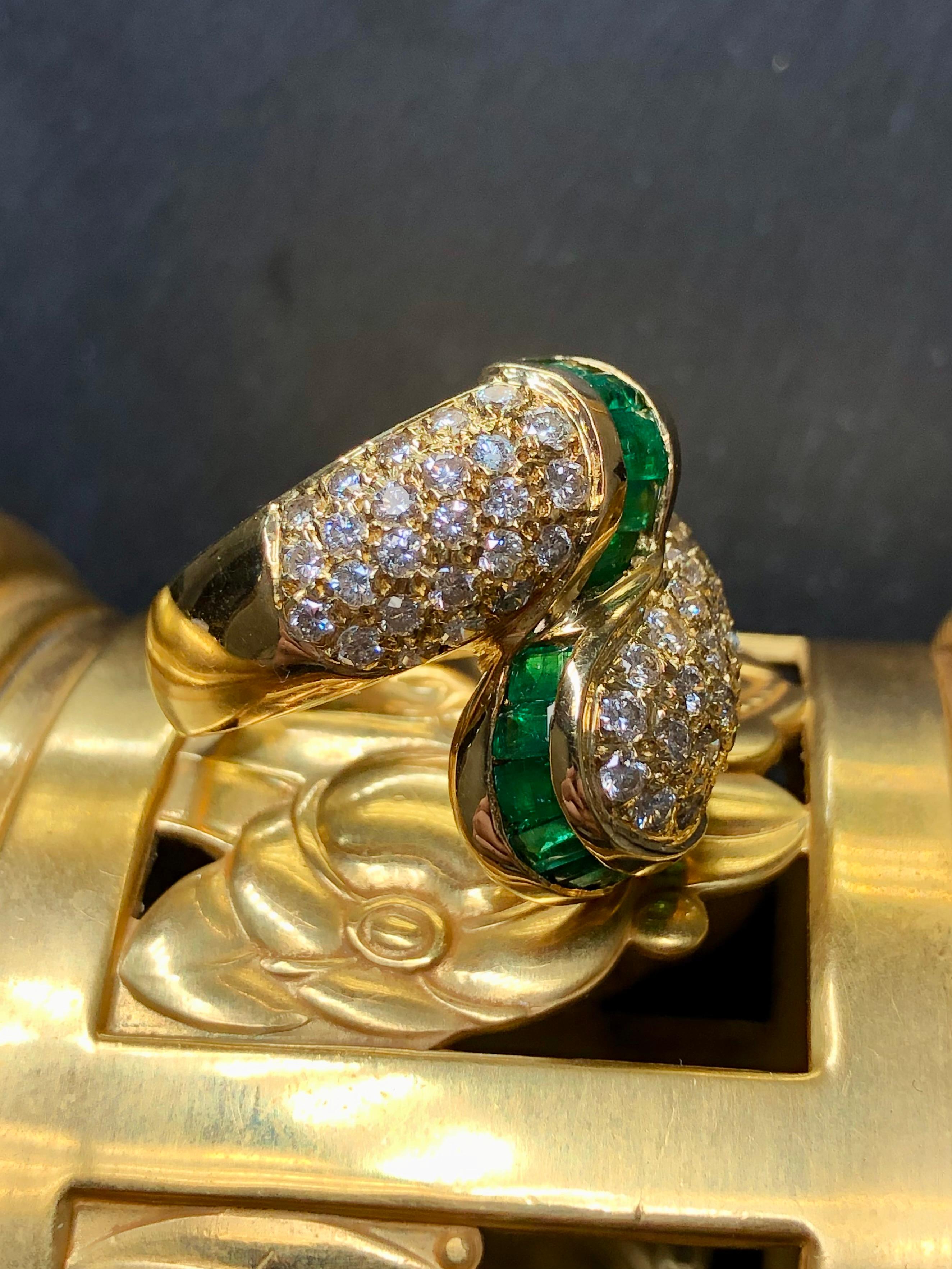 Baguette Cut Vintage 18K Emerald Pave Diamond Bypass Large Cocktail Ring 4.30cttw Sz 7.75 For Sale