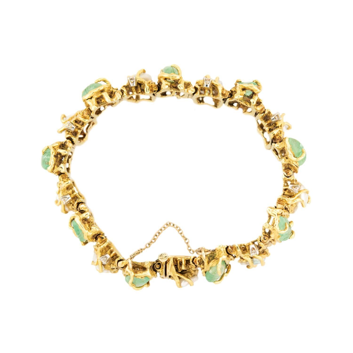 Retro Vintage 18k Emerald, Pearl, and Diamond Bracelet For Sale