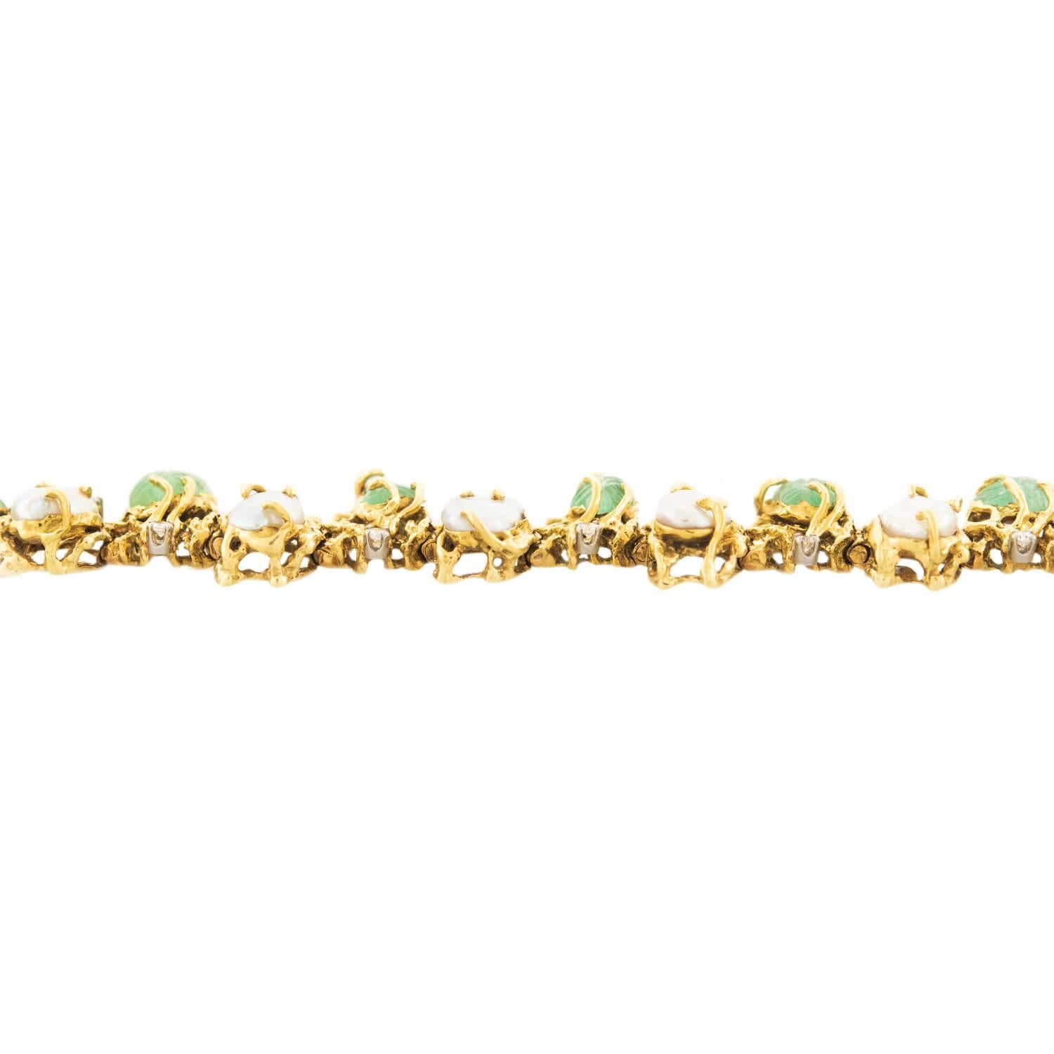 Single Cut Vintage 18k Emerald, Pearl, and Diamond Bracelet For Sale