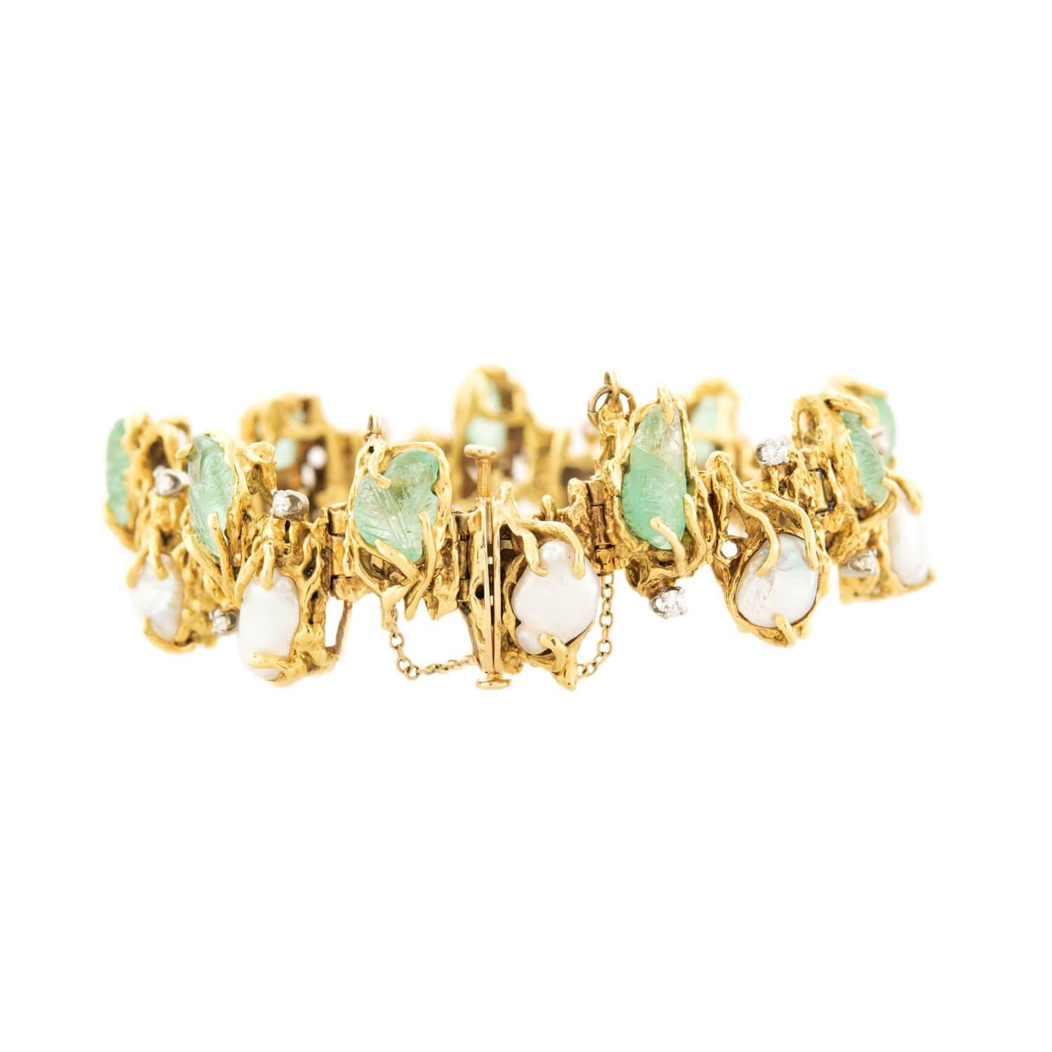 De las mujeres Vintage 18k Emerald, Pearl, and Diamond Bracelet en venta